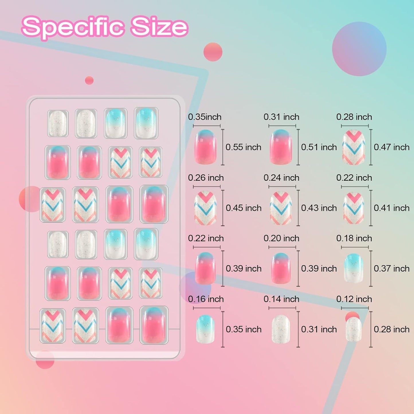 72st förlimmade barnnaglar heltäckande glitter färg gradient rosett Korta konstgjorda naglar Bra present till barn flickor nagelkonst - regnbågsglitter