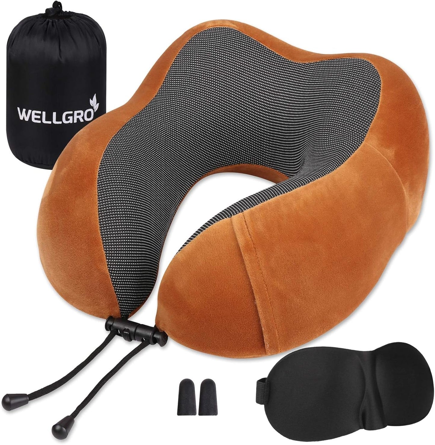WELLGRO nackkuddsset med 3D-sömnmask och öronproppar - Avtagbart skydd - Memory Foam - Dragkedja - Inklusive förvaringsväska - Resekudde - Valbar färg, Färg:Grå Naty Shop Cervikala ortopediska kuddar Brun