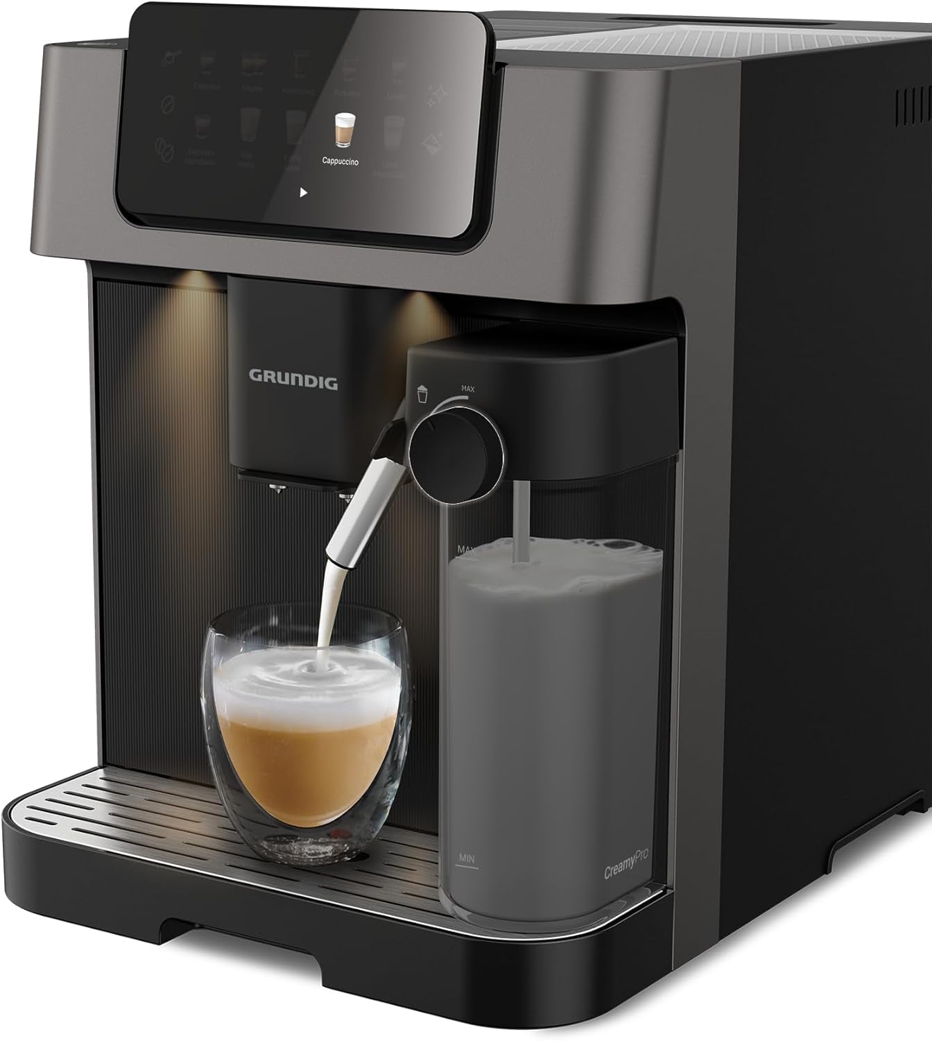 GRUNDIG KVA 6230 helautomatisk espressomaskin med mjölkskummare, rostfri kvarn med 13 malningsinställningar, bönbehållare 250 g, avtagbar vattentank 2 liter, pumptryck 19 bar, pekskärm, svart