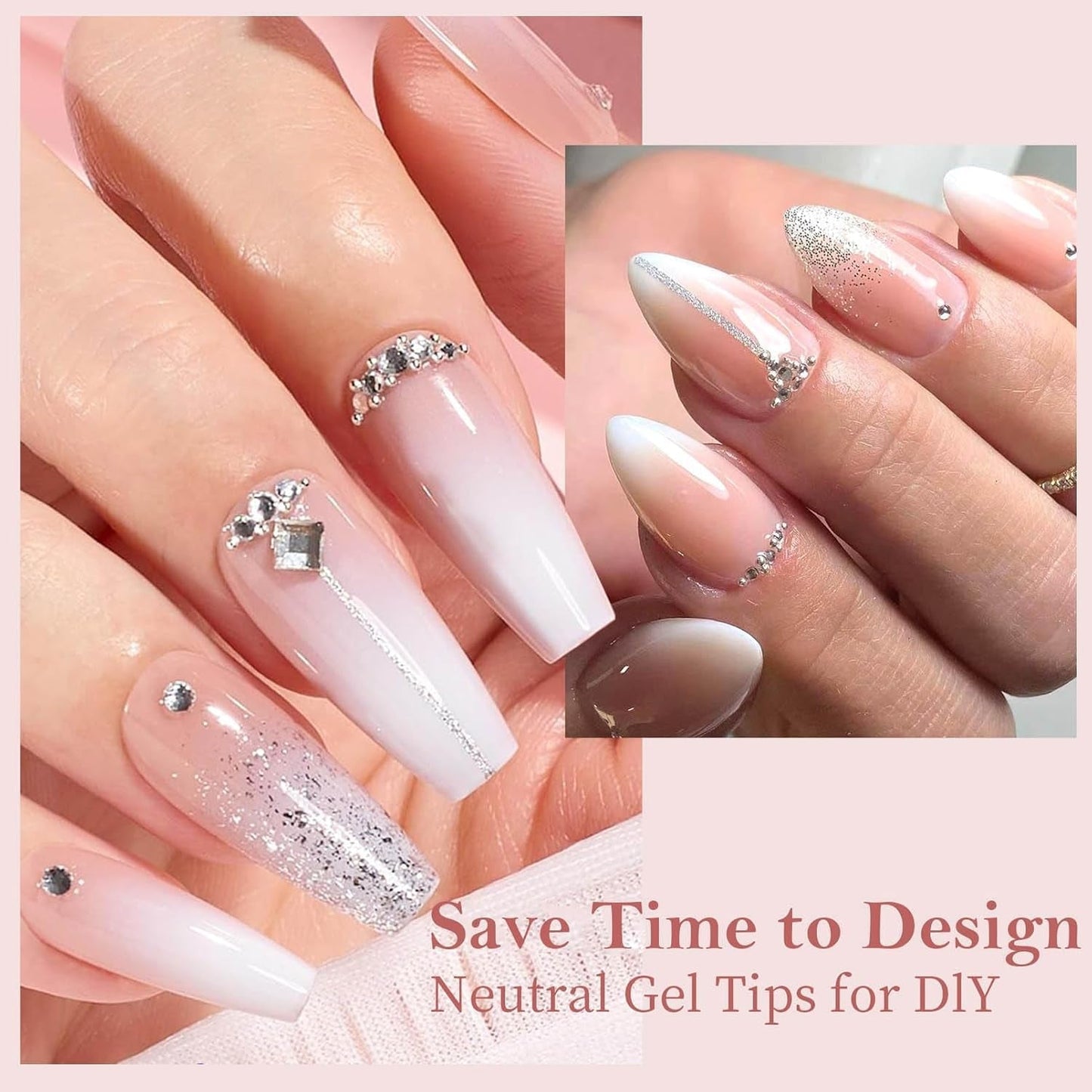 False Nails Set - 240 stycken Franska falska naglar limma på - Rosa Vit Gradient Design Konstgjorda naglar Heltäckande mjuk gel Naturlig och bekväm att bära (rosa mandel)