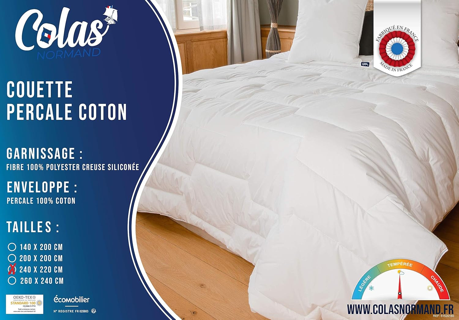 Percale bomullstäcke 240 X 220 cm Hög kvalitet 100% Percale bomull Mjuk och bekväm Slitstark Fin finish Made in France Vita täcken och täcken Naty Shop