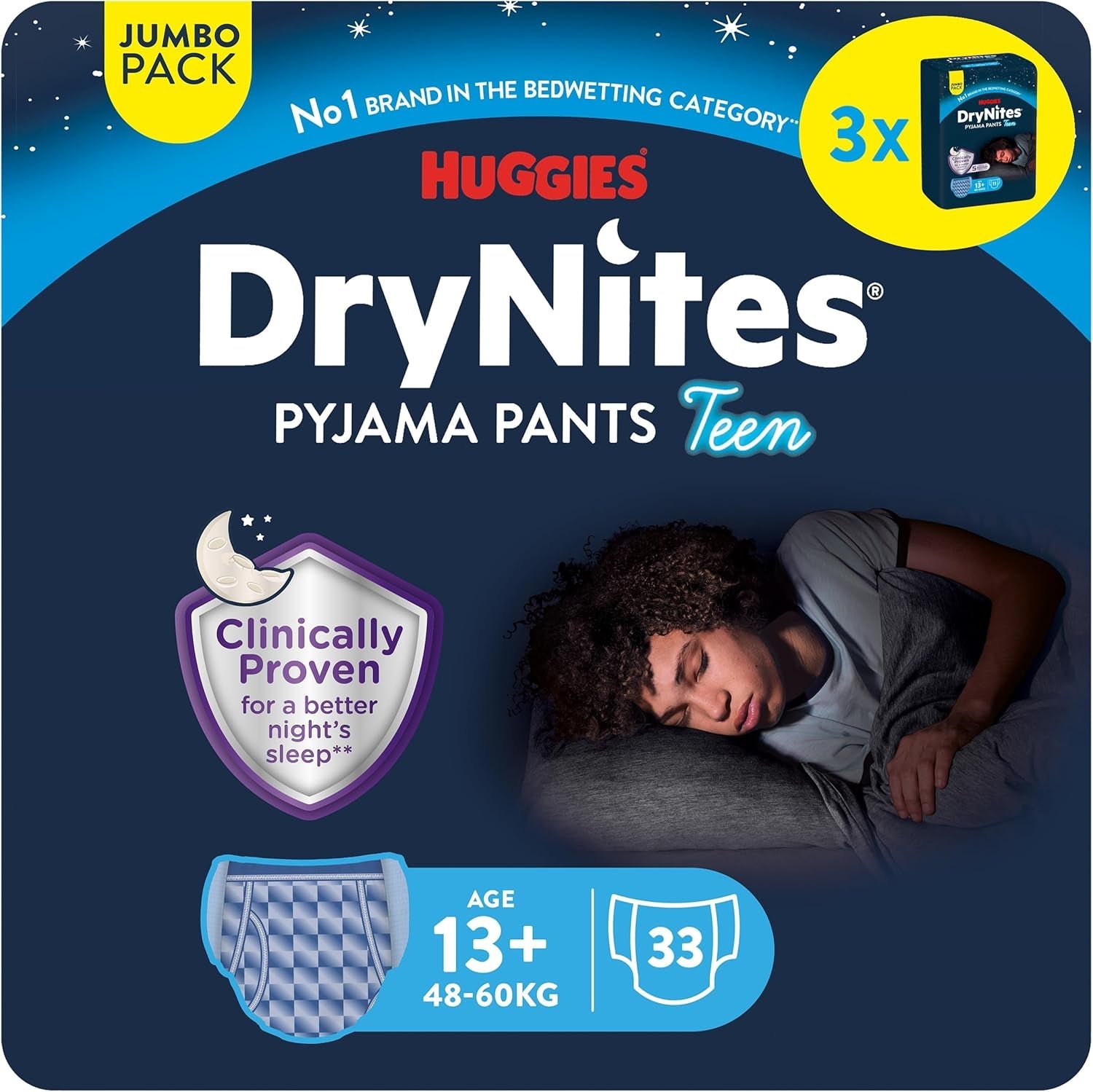 Huggies DryNites nattblöjor för sängvätning, pojkar 13-ca 17 år (48-60 kg), 33 Count (3x11), Jumbo månadspaket, XL-trosor