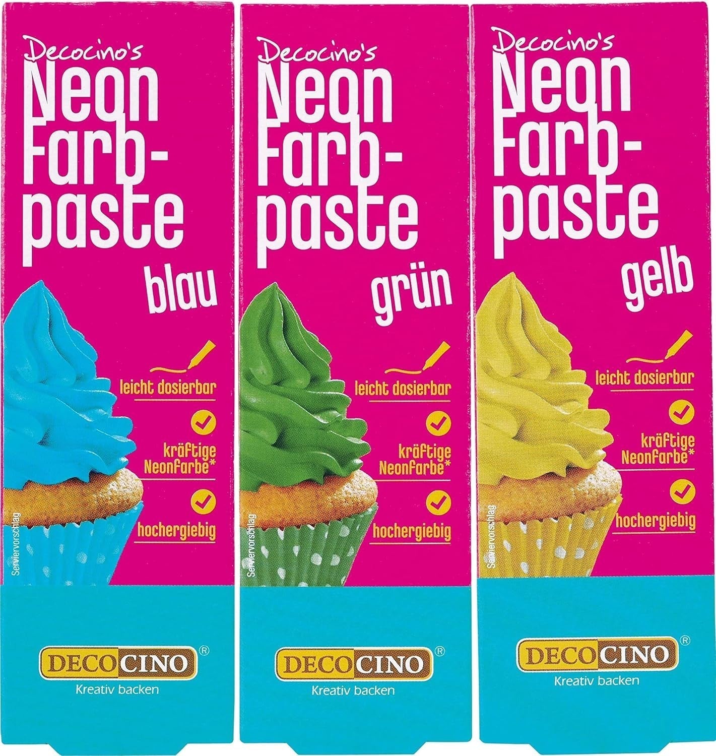 Decocino Neon matfärgningsset - 3 delar - röd, rosa, lila - högdosfärgad matfärg - för färgning av kakor, muffins, muffins - smakfritt