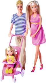 Simba 105733673 - Steffi Love Happy Family, gravid docka, Kevin, Evi och baby med barnvagn, 11 delar, tillbehör, 30 cm, 3+