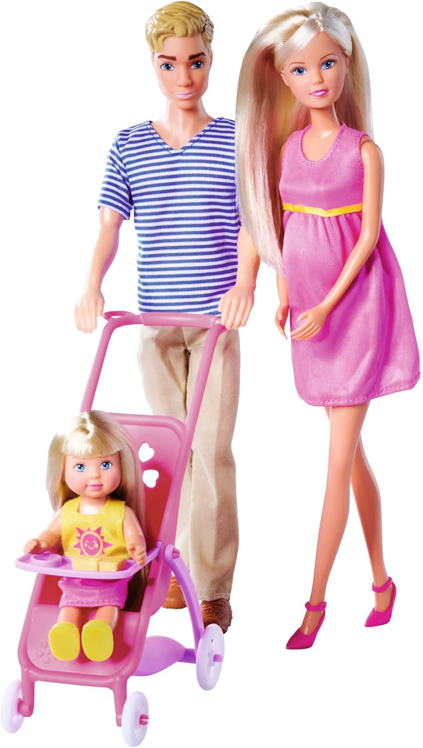 Simba 105733673 - Steffi Love Happy Family, gravid docka, Kevin, Evi och baby med barnvagn, 11 delar, tillbehör, 30 cm, 3+