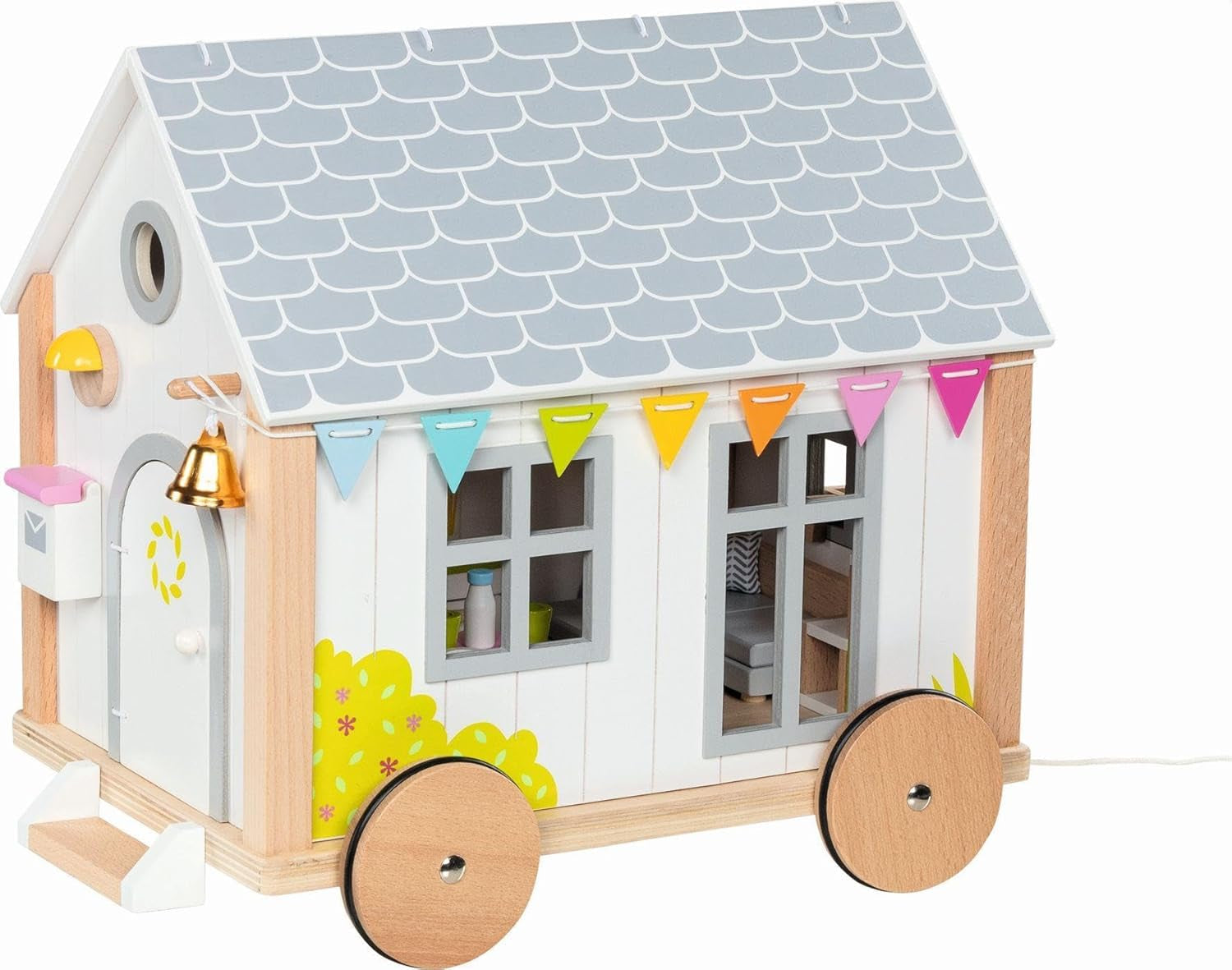 Goki 51477 - Litet Hygge trä- och textilhus för minidockor, rörligt dockhus i skandinavisk stil, 38 cm x 27 cm x 33 cm, set om 40, åldrar 3+ dockhus Naty Shop