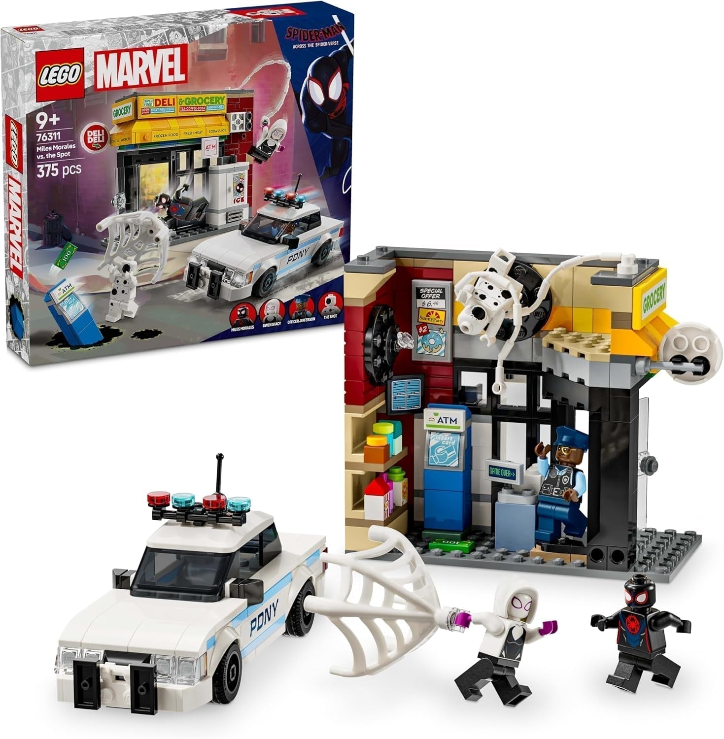 LEGO Marvel Spider-Verse: Miles Morales vs. Spot - Superhjältelekset med leksaksbil - 4 minifigurer och minimarknad - Present för pojkar och flickor i åldern 9+ 76311 Byggset Besuche den LEGO-Store Standardtitel