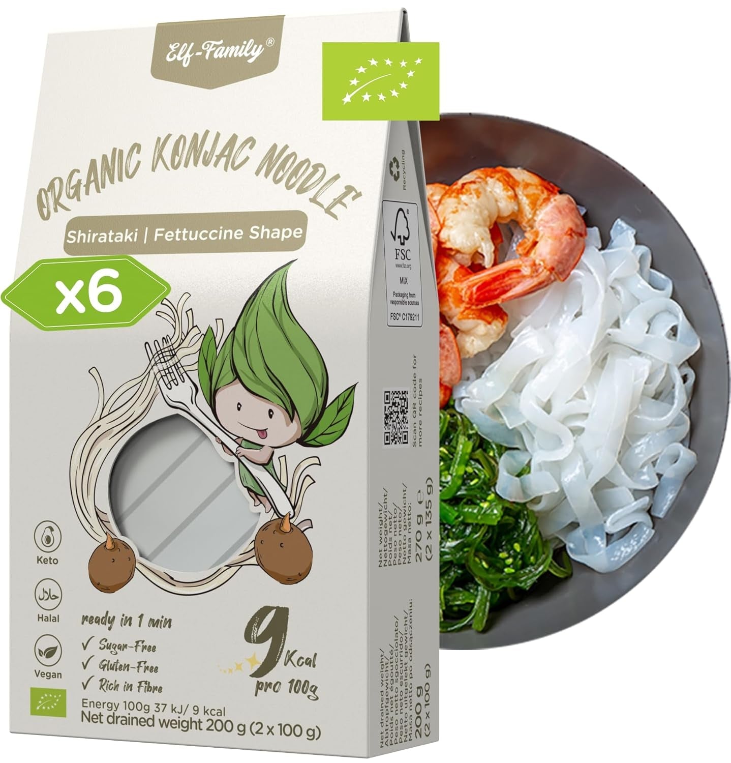 Elf-Family 270g x6er Box(12-pack) Bio Konjak Nudeln Ultra Low Carb Shirataki Nudeln Vegan Glutenfrei-Instant Nudeln ohne kohlenhydrate/Keto/Kalorienarme/Fettfrei/Zuckerfrei -Spaghetti MHD: 12/11/2026