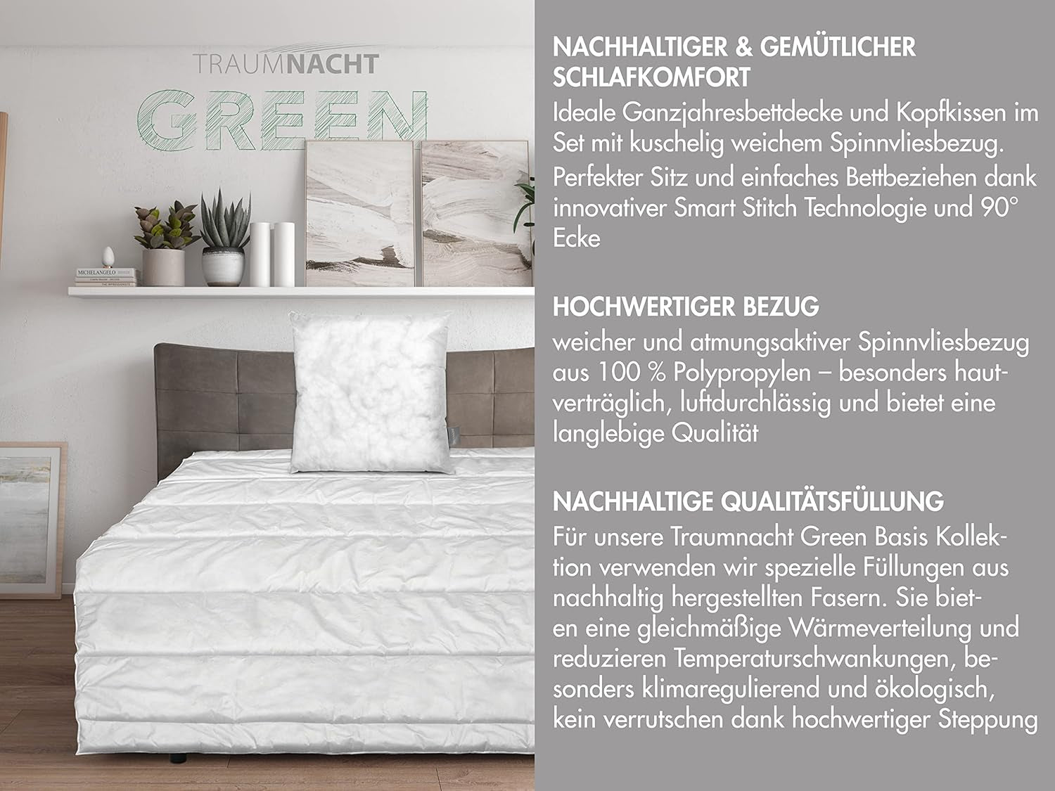 Traumnacht Green basbäddset bestående av ett täcke för året runt, 135 X 200 cm + kudde 80 X 80 cm, Oeko-Tex certifierat, tillverkat enligt tysk kvalitetsstandard Täcken och täcken Naty Shop