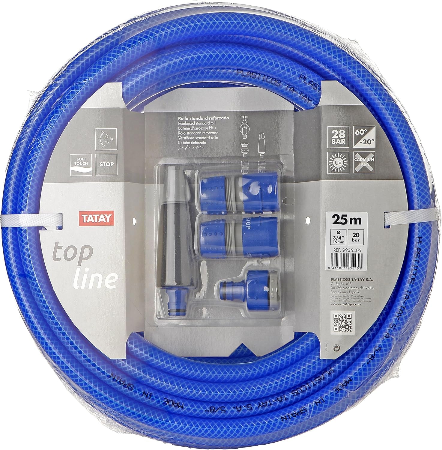 TATAY Blue Line trädgårdsslangset 25 meter Ø3/4" 19mm, 3 lager, tillverkat i Spanien, motstånd 20 bar och +60°/-20°, flätat, kadmium- och blyfritt, BPA-fritt, anti-UV. Blå färg.