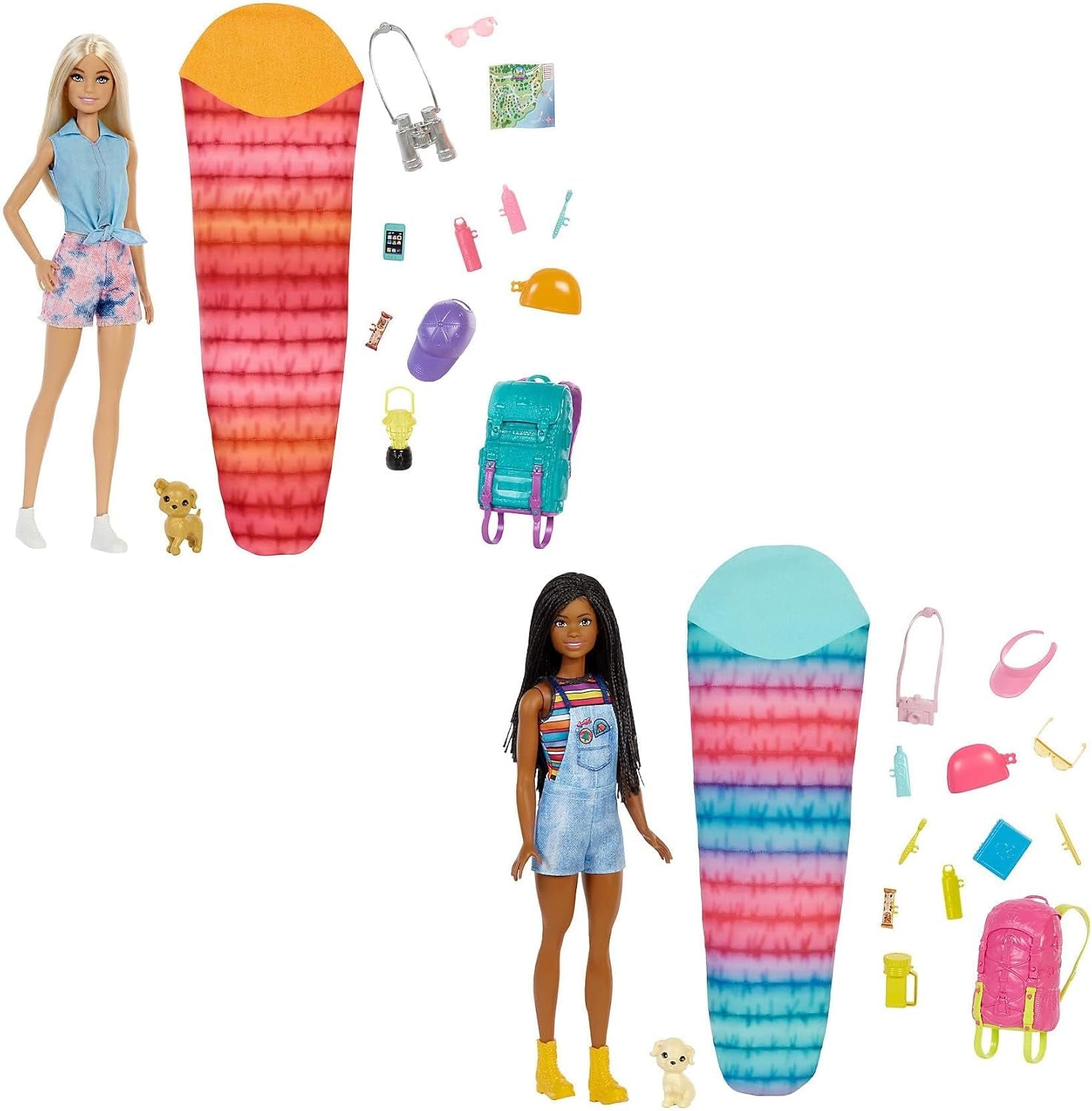 Barbie HDF74 Twin Pack Doll! Brooklyn Camping Doll (brunett med flätade pigtails, ca 29cm) med valp, ryggsäck, sovsäck, 10 campingtillbehör, present till barn från 3 år och uppåt
