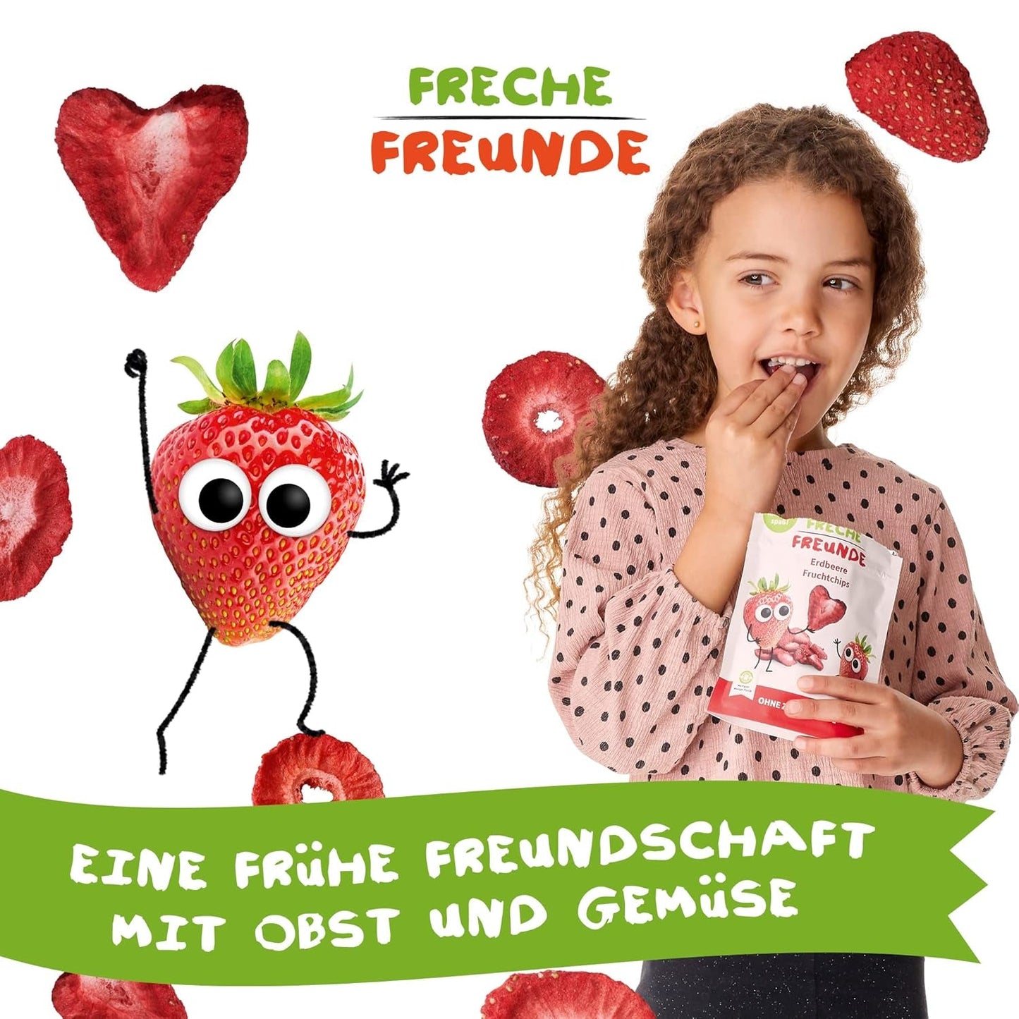 FRECHE FREUNDE Ekologiska jordgubbschips, frystorkade fruktchips, naturlig skivad torkad frukt utan tillsatt socker, vegan, laktosfri, glutenfri, paket med 12 (12 x 12g)