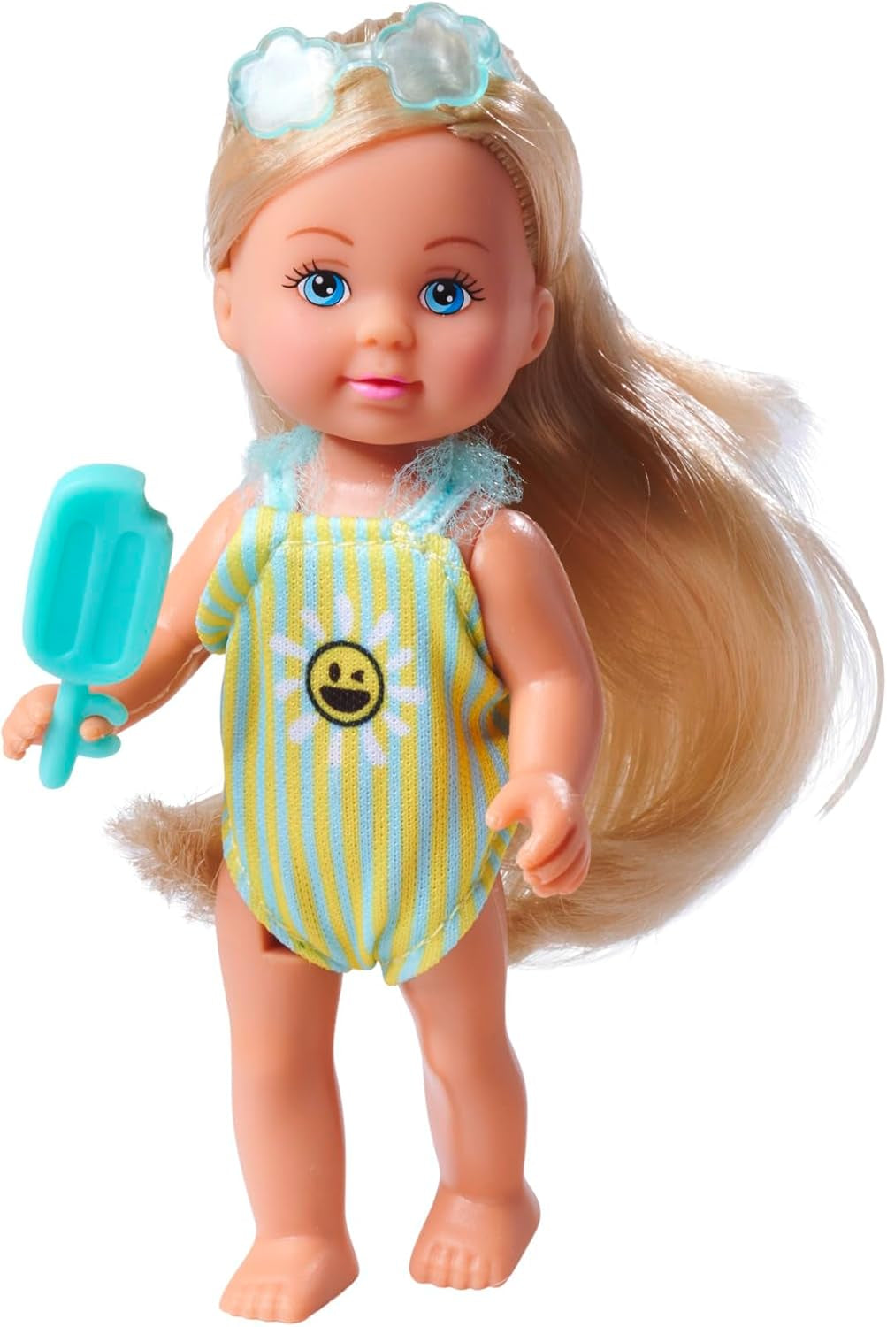 Simba Evi Love Travel, 2 olika modeller, endast EN artikel kommer att levereras, docka i en resväska med hjul, bär en volangbaddräkt, inkluderar solglasögon och glass, 12 cm, åldrar 3+