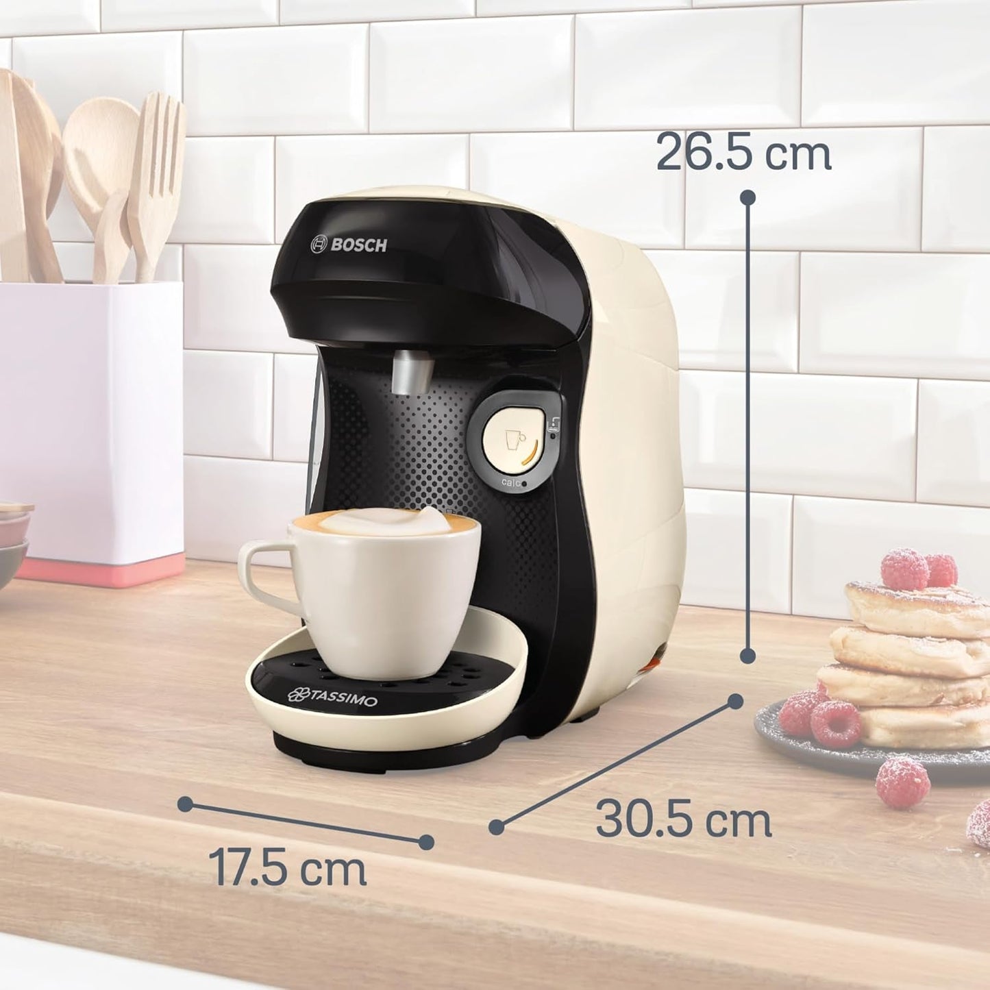 Bosch Tassimo Happy Friendly TAS107E Kapselespressomaskin, 70+ drycker, Lämplig för alla koppar, Auto-Stop, Hållbar, Perfekt Dosering, Platssparande, 1400W, Kräm/svart