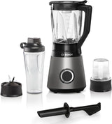 Bosch Standmixer Vitapower Serie 4 MMB6177S, Edelstahl-Klingen Tillverkad i Tyskland, 1,5L Thermosafe Glasbehälter, 0,6L To-Go-Flasche, Stopfer, Universalzerkleinerer, 30 000 U/Min, 1200 W, Silver Kitchen Naty Shop