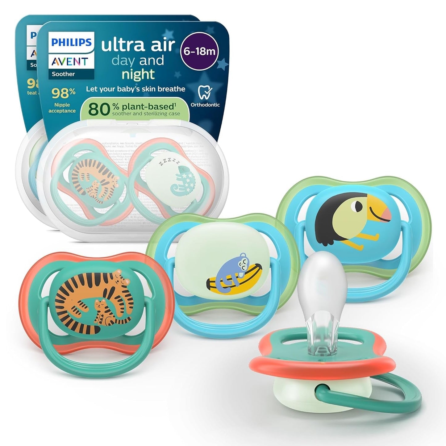 Philips AVENT ultraluftnappar - paket med 4 BPA-fria nappar som andas för bebisar 6-18 månader, inklusive bärväska och sterilisering, sköldpadda/valmönster (modell SCF085/66)