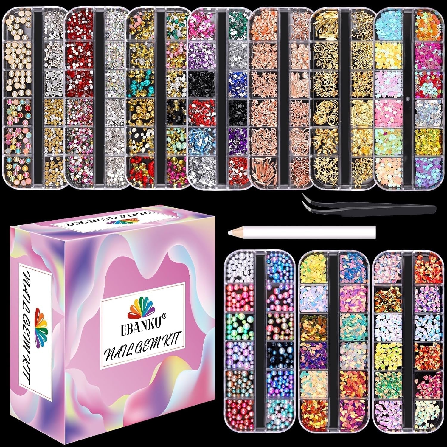 EBANKU Nail Art Strass Kit Multi Design Zubehör Mit 1 Pinzetten 1 Stück Wachsstifte Deko Diamanten Kristalle Perlen Edelsteine ​​Bunt Pferdeaugen Strass Metall Nieten Für Nagel DIY (1 Stück (10Er Pack))