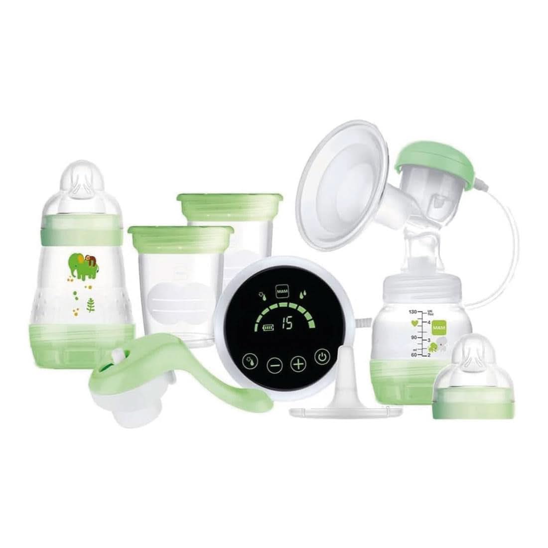 MAM Elektrisk och manuell bröstpump 2 i 1, med 9 stimuleringsnivåer, innehåller 2 flaskor, enkel start, grönt Tillbehör Mat och amning Bebe Naty Shop