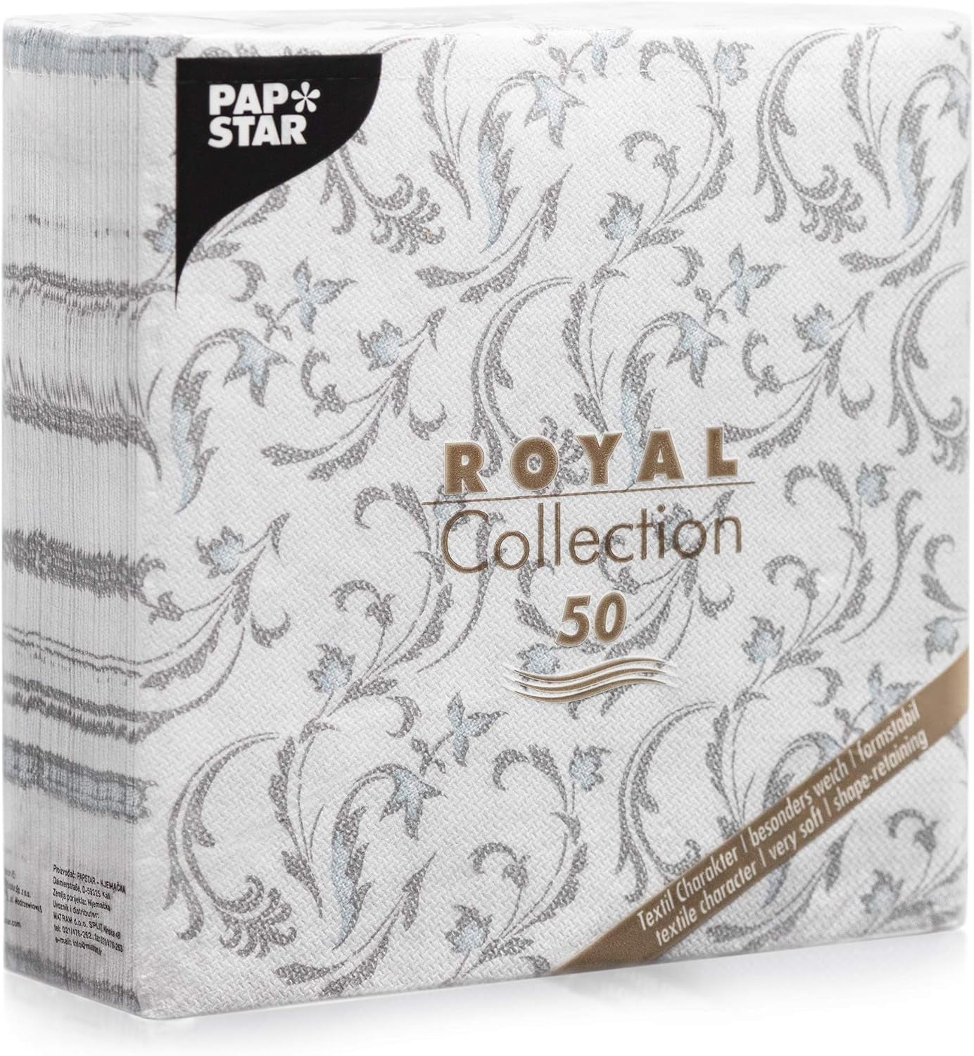 Papstar, 50 servetter "ROYAL Collection" 1/4-faldigt 40 Cm X 40 Cm grå "Damascato", #85005