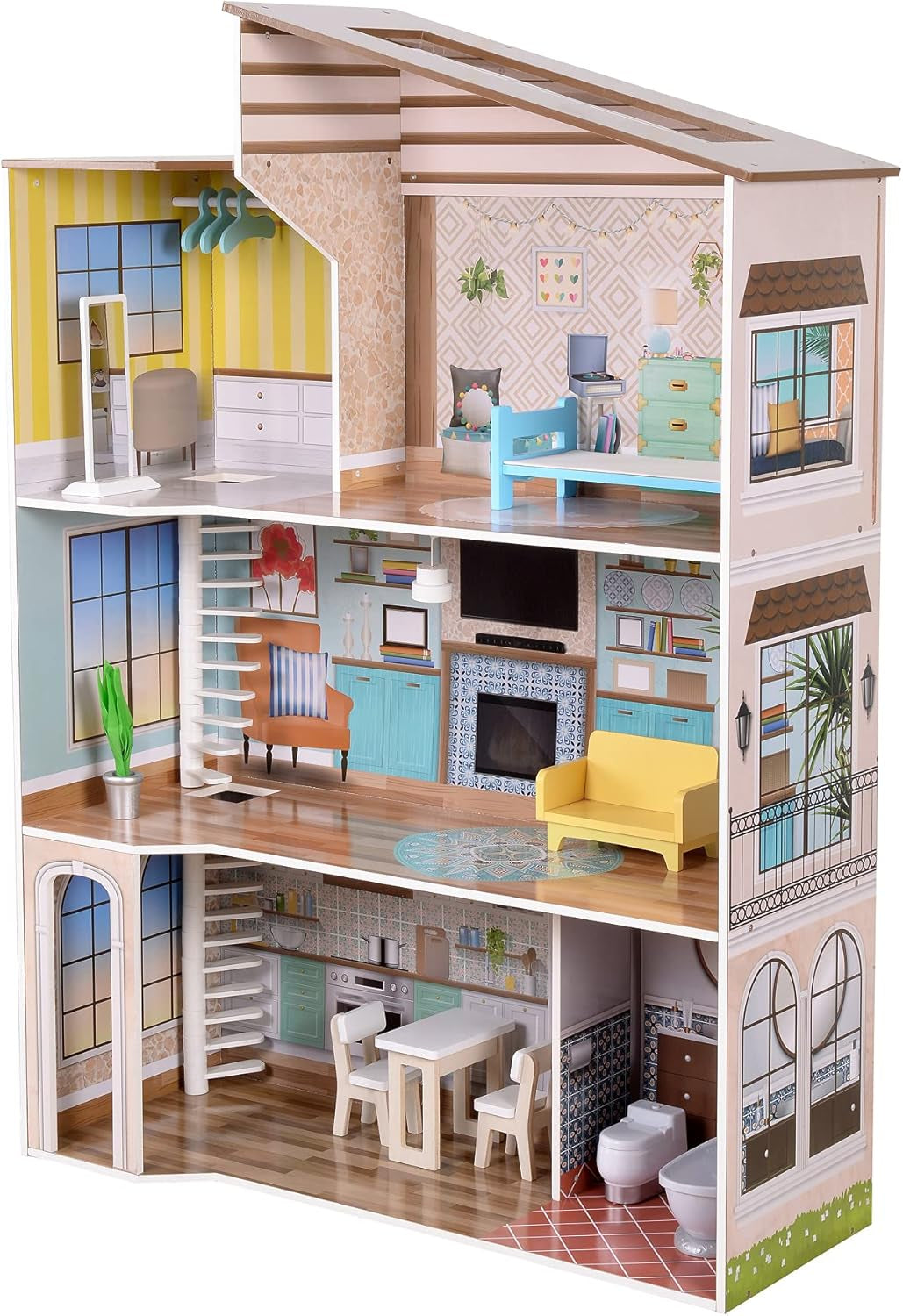 Olivia's Little World Modern medelhavsstil 3-våningars interaktivt dockhus i trä för barn med 17 tillbehör till dockmöbler Flerfärgad TD-13551B