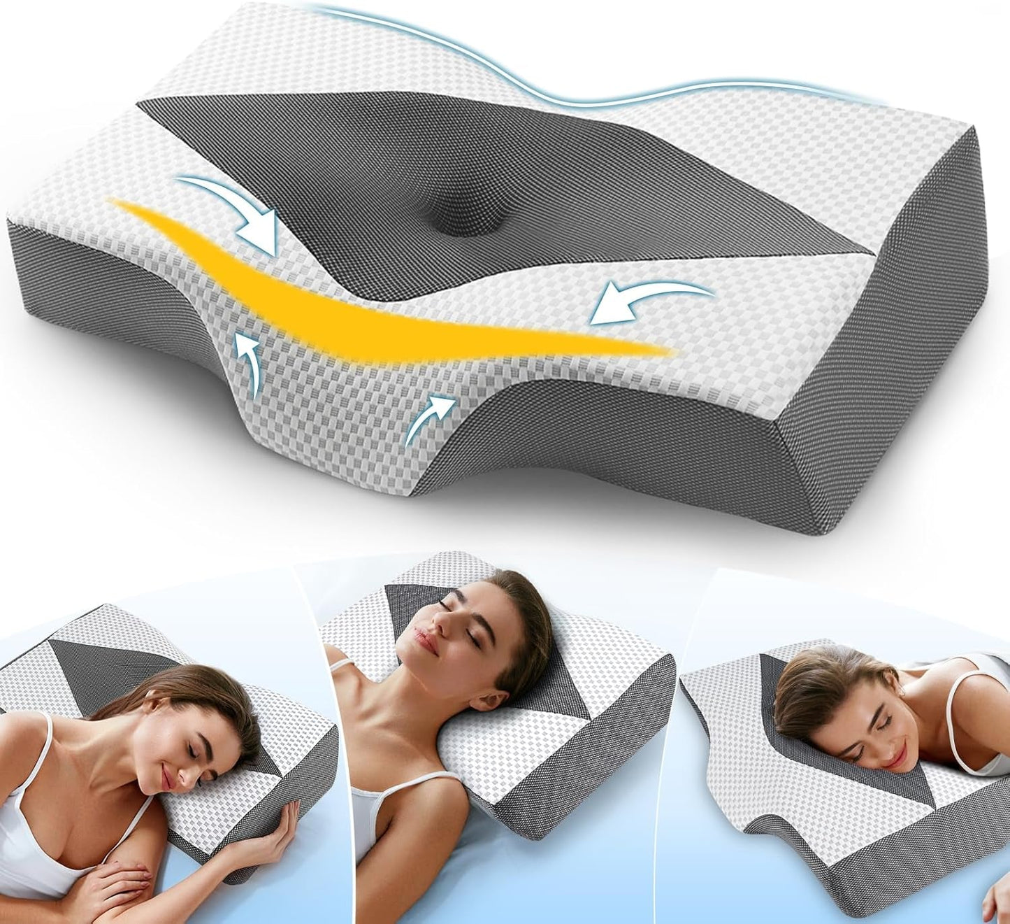 Memory Foam Nackkudde Ergonomisk ortopedisk kudde för smärta i nacke och axlar - Svalkande sovkudde för sido-, rygg- och magsliprar med nackstöd Cervikala ortopediska kuddar Naty Shop 03-Grå(63.5Cm*40.6Cm*10.7/13.2Cm) 03.2Cm. (63,5 cm*40,6 cm*10,7/13,2 cm)
