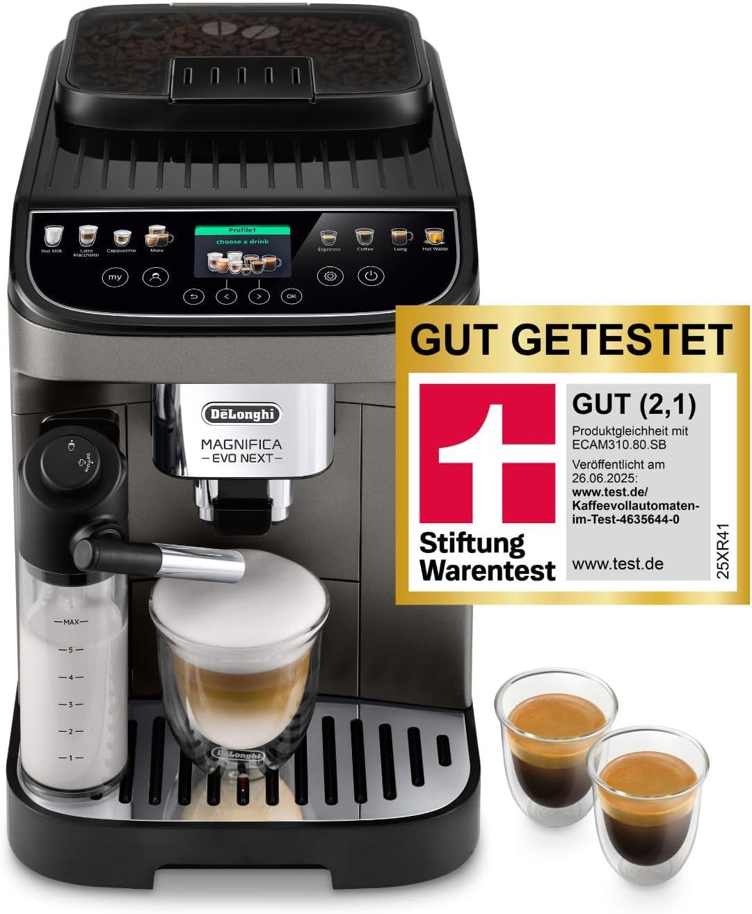 De'Longhi Magnifica Evo Next - Perfetto helautomatisk espressor med LatteCrema mjölkskummare, 13 One-Touch-drycker, kaffe- och cappuccinobryggare, färgpekskärm, titan (ECAM312.80.TB)
