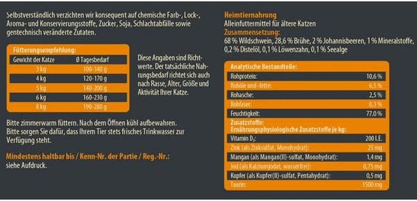 Dehner Wild Nature Katzenfutter Unterholz, Nassfutter getreidefrei / zuckerfrei, für ältere Katzen, Wildschwein, 6 x 400 g Dos, (2,4 kg)