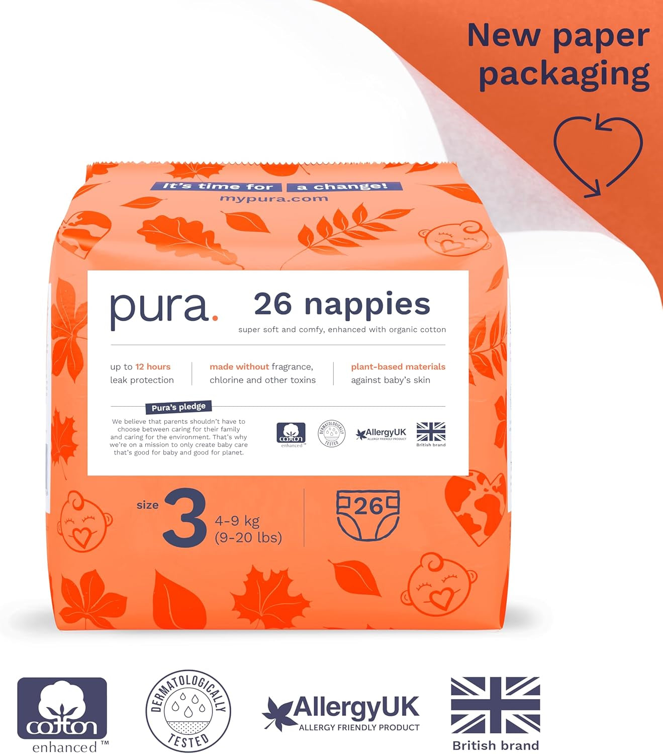 Eco babyblöjor - storlek 3 (4-9 kg), 1 förpackning (26 blöjor), ultramjuka blöjor för känslig hud, ekologisk bomull, upp till 12 timmars läckageskydd, ny storleksguide