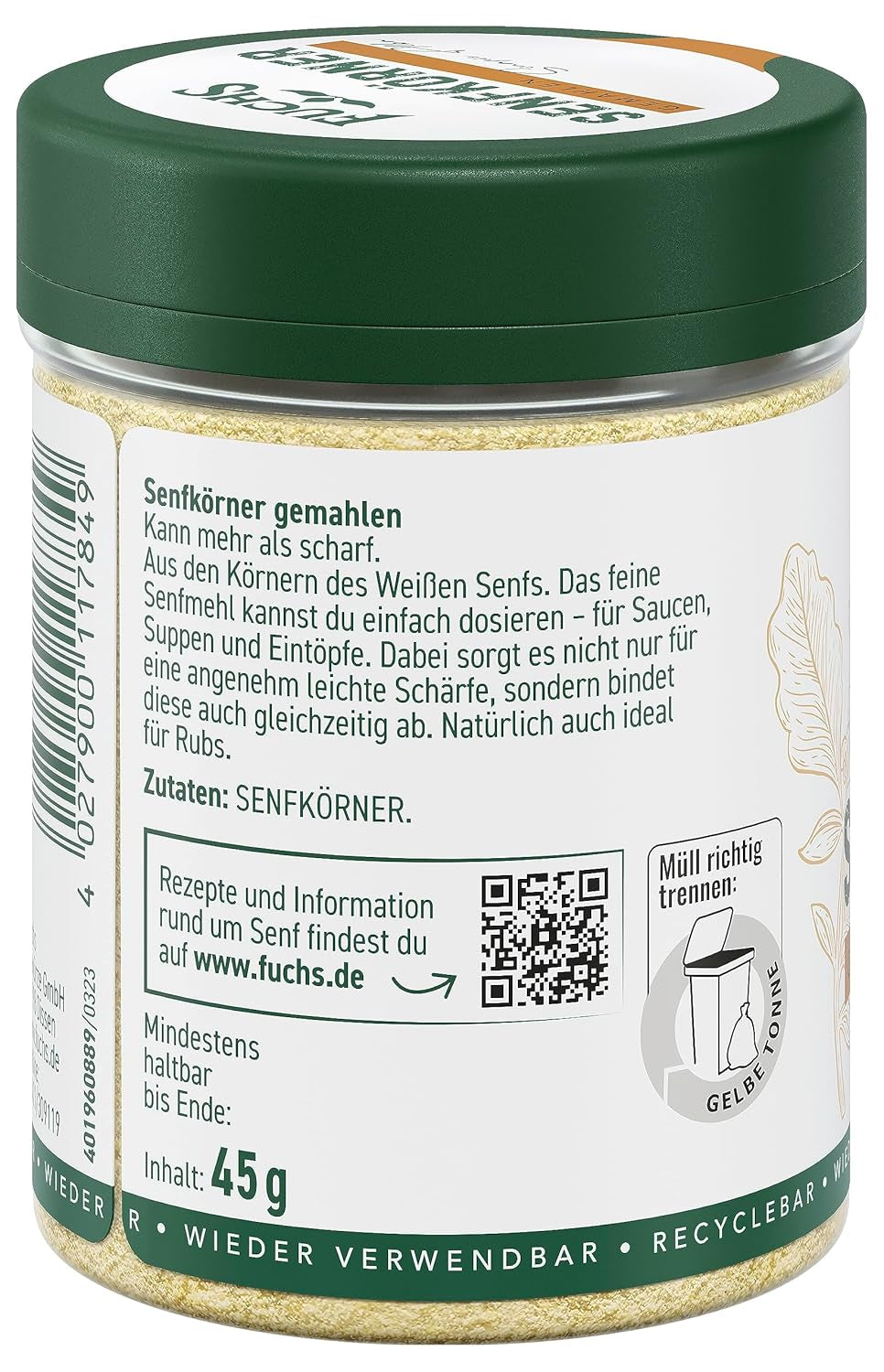 Fuchs Gewürze - Senfkörner gemahlen - für die Zubereitung von Rubs, zum Verfeinern von Suppen und Saucen - naturliga ingredienser - 45 g i wiederverwendbarer, recyclebarer Dos