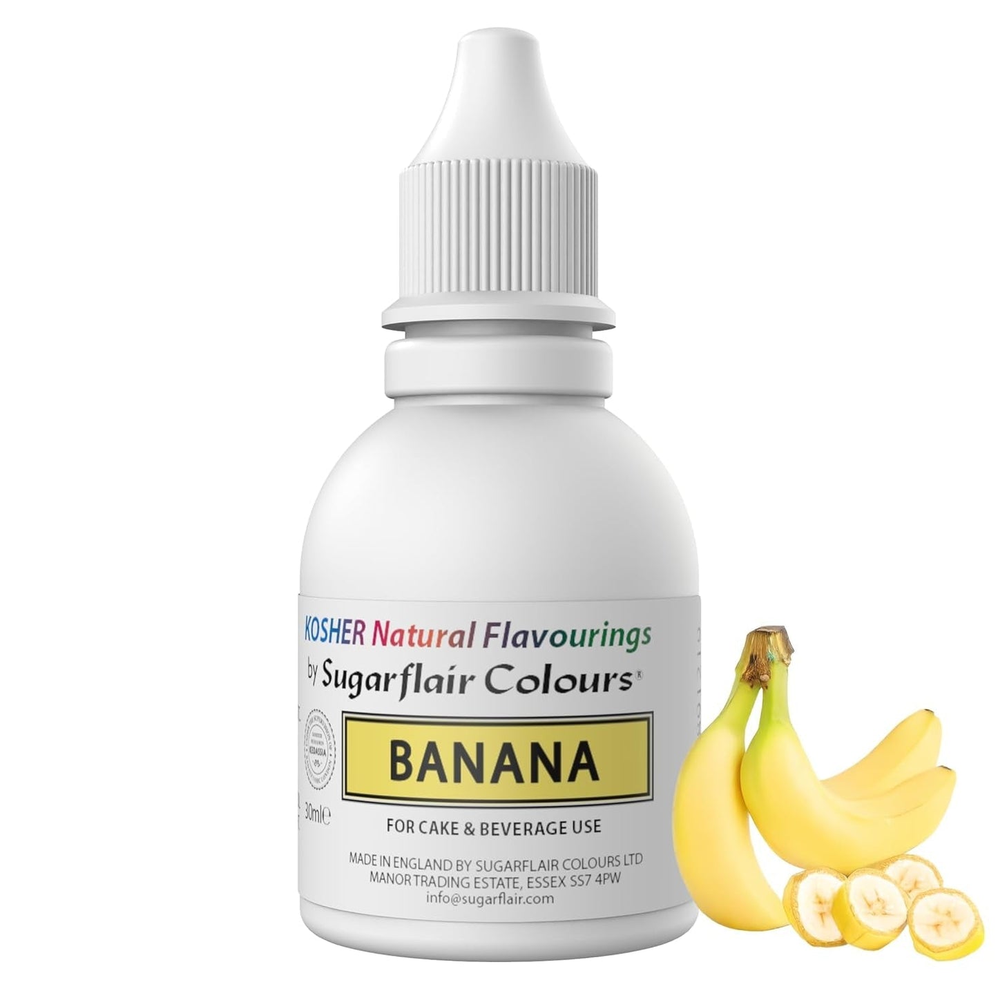 Sugarflair Kosher Banana Natural Food Flavour Intensiva smakdroppar för kakor, muffins, glasyr, drycker, glass - 100 % naturlig smak - 30 ml