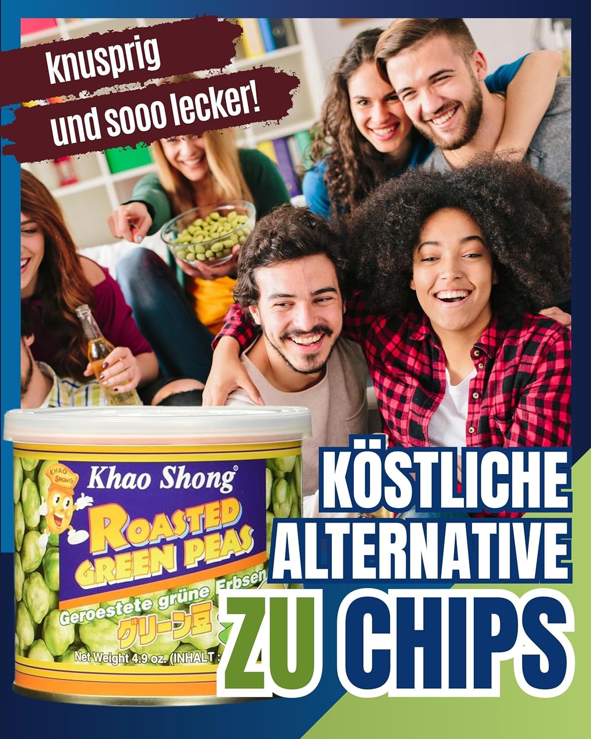 Khao Shong Friterade gröna ärtor med wasabi, krispiga ärtor i en kryddig smet, ett fettsnålt alternativ till nötter, medelkryddigt, 1 140g burk | 140 g (1 förpackning)
