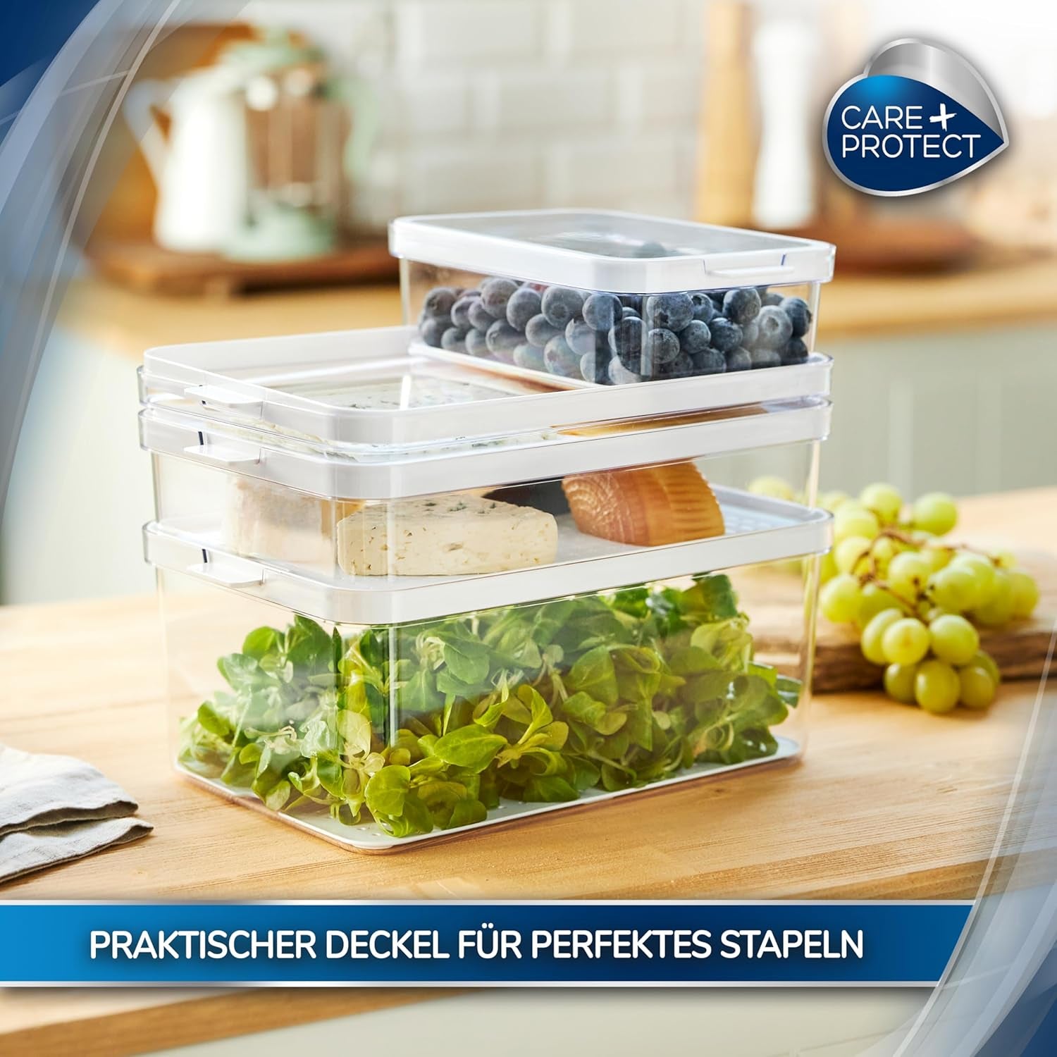 CARE + PROTECT Smart matbehållare, perfekt staplingsbar, kylorganiserare, skyddar mat från fukt, håller maten fräsch längre, 2,15 l Matförvaringslådor Naty Shop