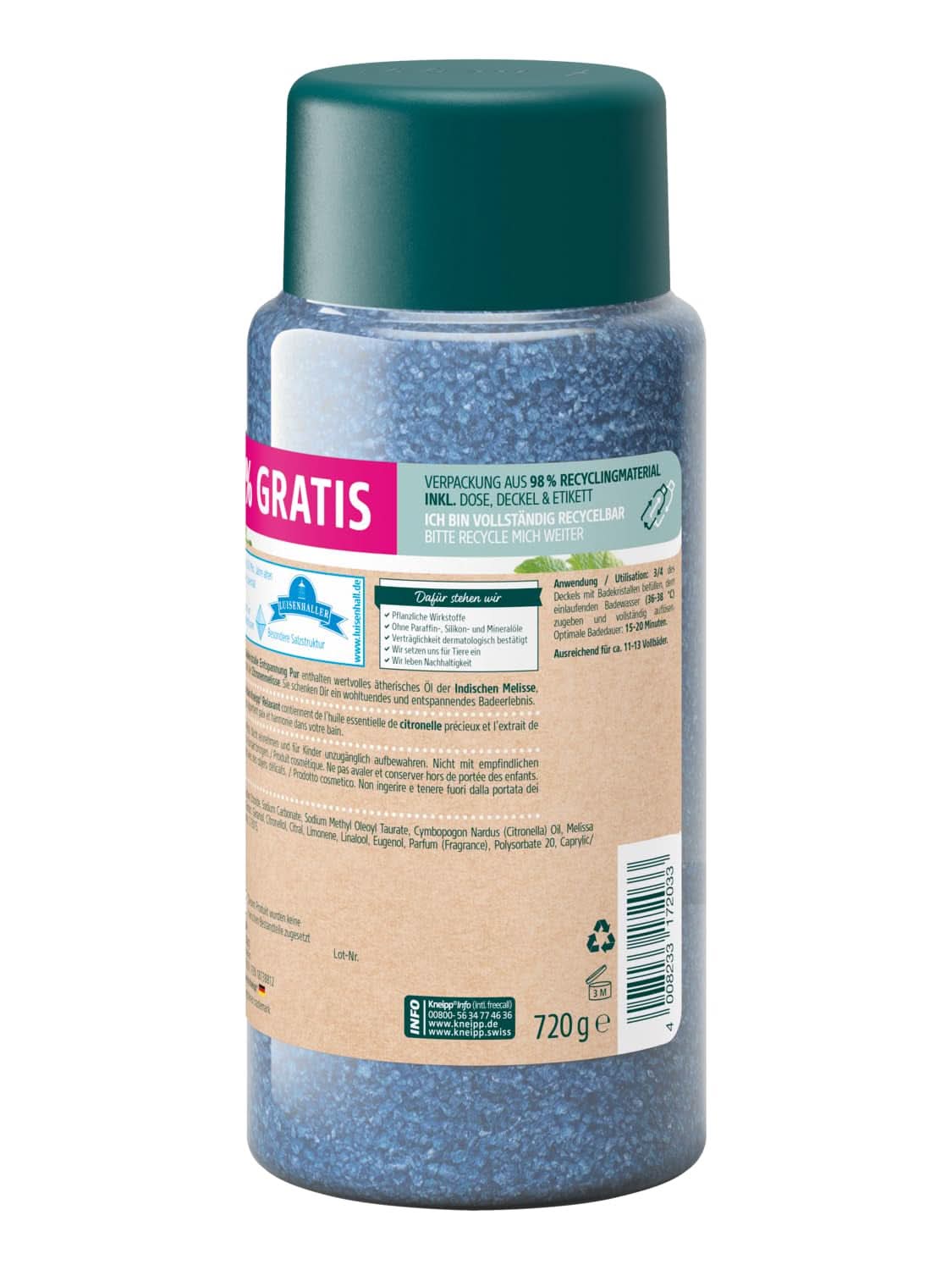 Kneipp Bath Crystals Pure Relaxation - Specialstorlek - Med naturligt Luisenhall-salt Djupsalt och indiskt citronmeliss eterisk olja och citronmelissextrakt Limited Edition 720G Naty Shop Shower & Bath