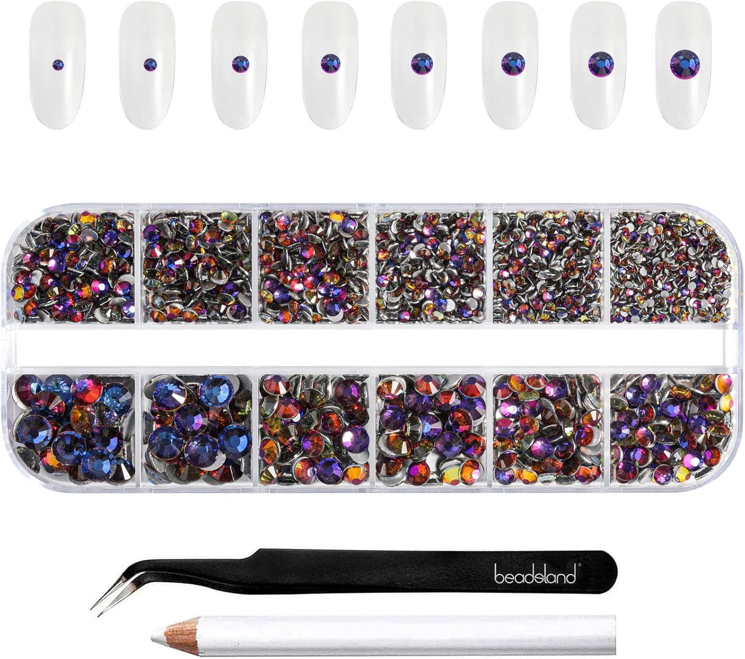 Beadsland 2500st Glas Nailart Strasssteine ​​​​Kristall Flatback Edelsteine ​​​​Runde, ​​Für Handwerk Gemischt 8 Größen SS4 ~ SS30 Mit Picking Pinzette Und Stift (Kristall Weiss)