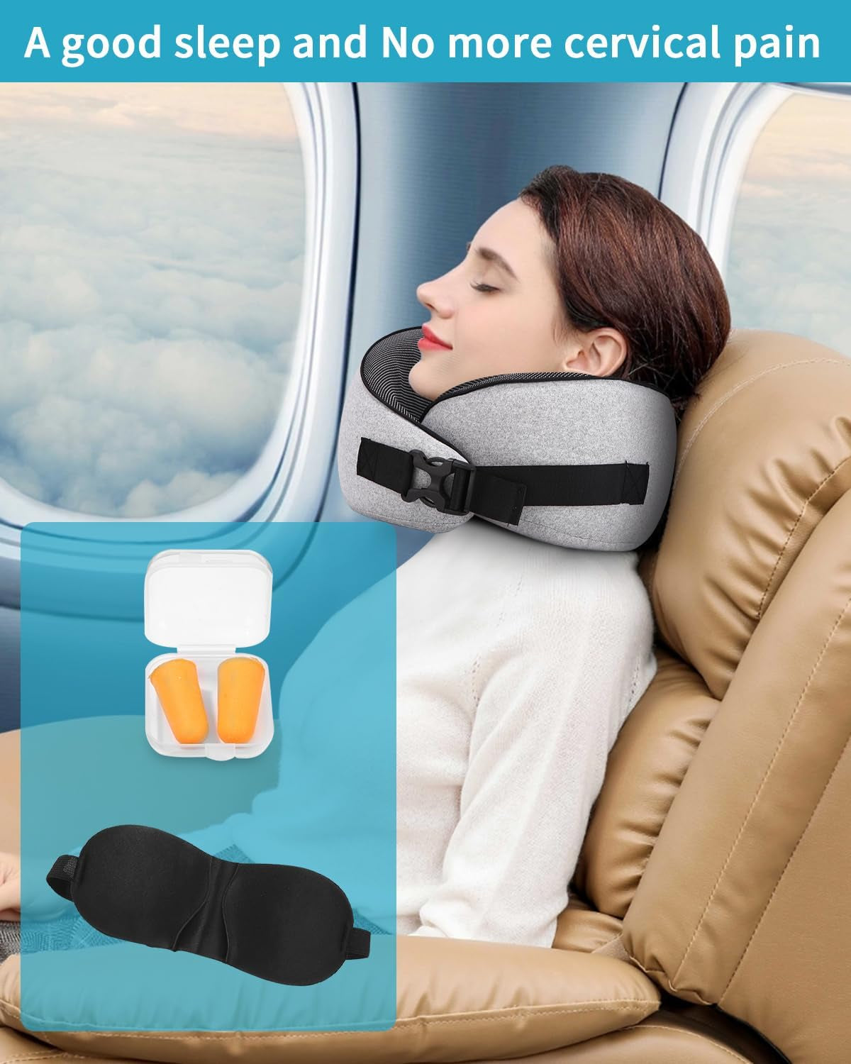 Flygplans nackkudde, Memory Foam resekudde, vuxen nackkudde, justerbar tvättbar flygplanskudde, ergonomisk resekudde (grå) cervikala ortopediska kuddar Naty Shop