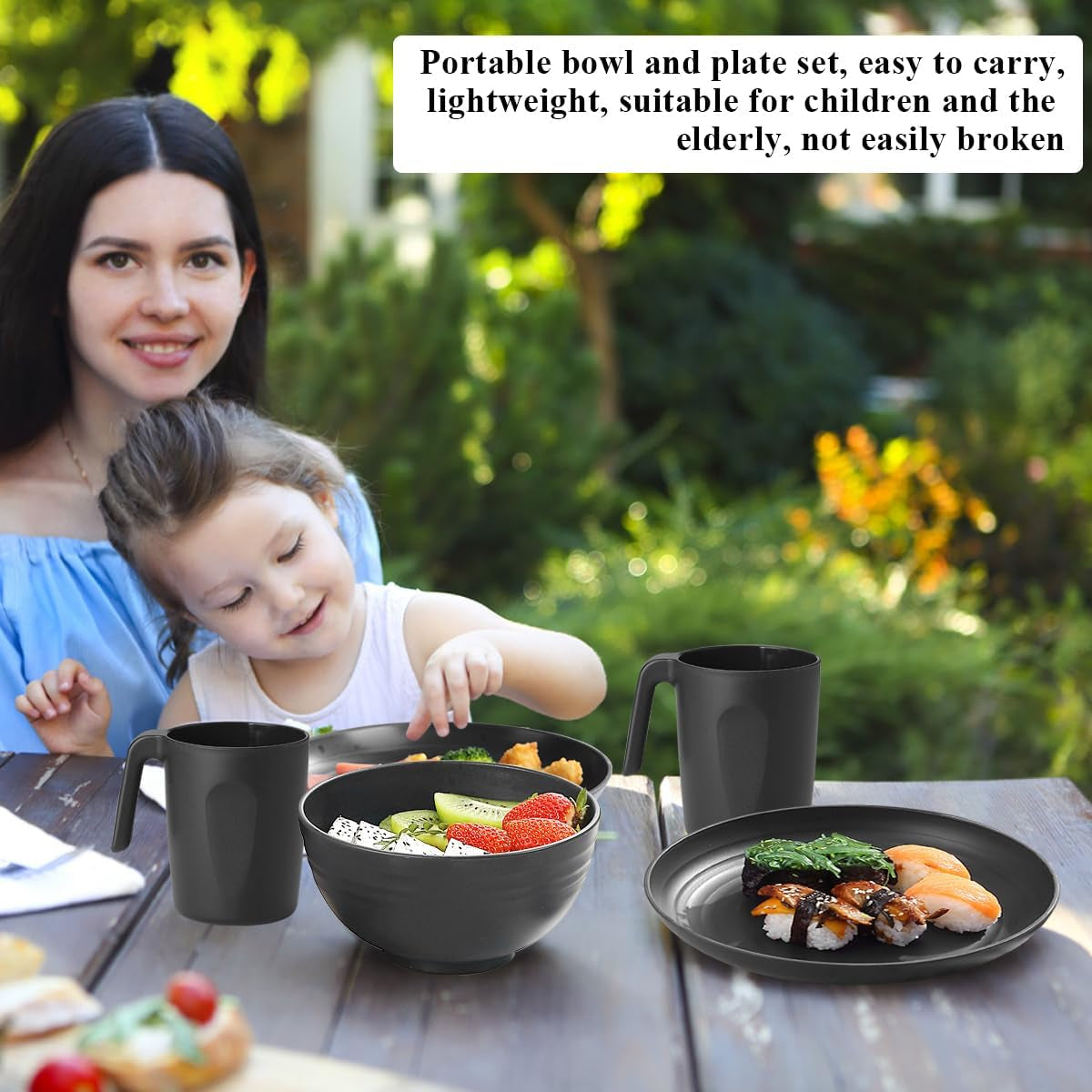 Berglander Black Plastic 24-delat servisset för 6 återanvändbara tallrikar och skålar, inklusive mattallrikar, desserttallrikar, spannmålsskålar och koppar för hem, trädgård och picknick