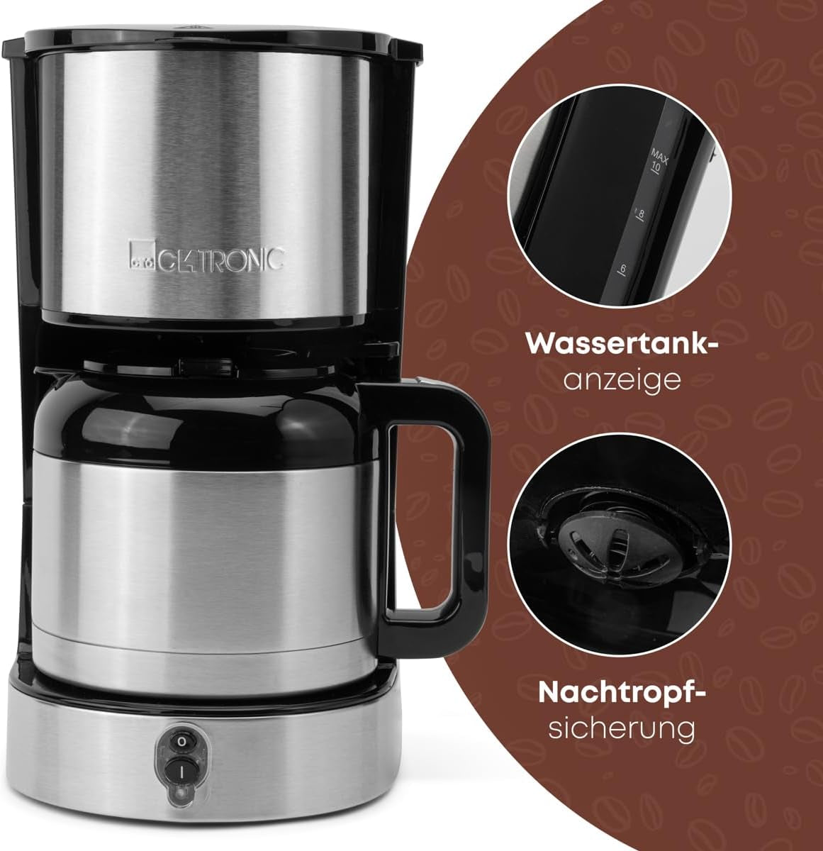 Clatronic® kaffebryggare med termokanna för 8–10 koppar kaffe (ca 1,2 l) | Kaffebryggare med filter i rostfritt stål | Dubbelvägg termokanna | Ingen temperaturförlust | Kaffebryggare 800 W | KA 3805