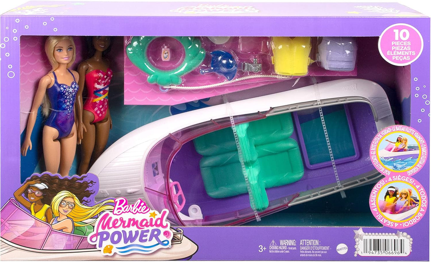 Barbie HHG60 - sjöjungfrumotorbåt med 2 dockor (blond/brunett) och olika tillbehör, leksak för barn från 3 år och uppåt