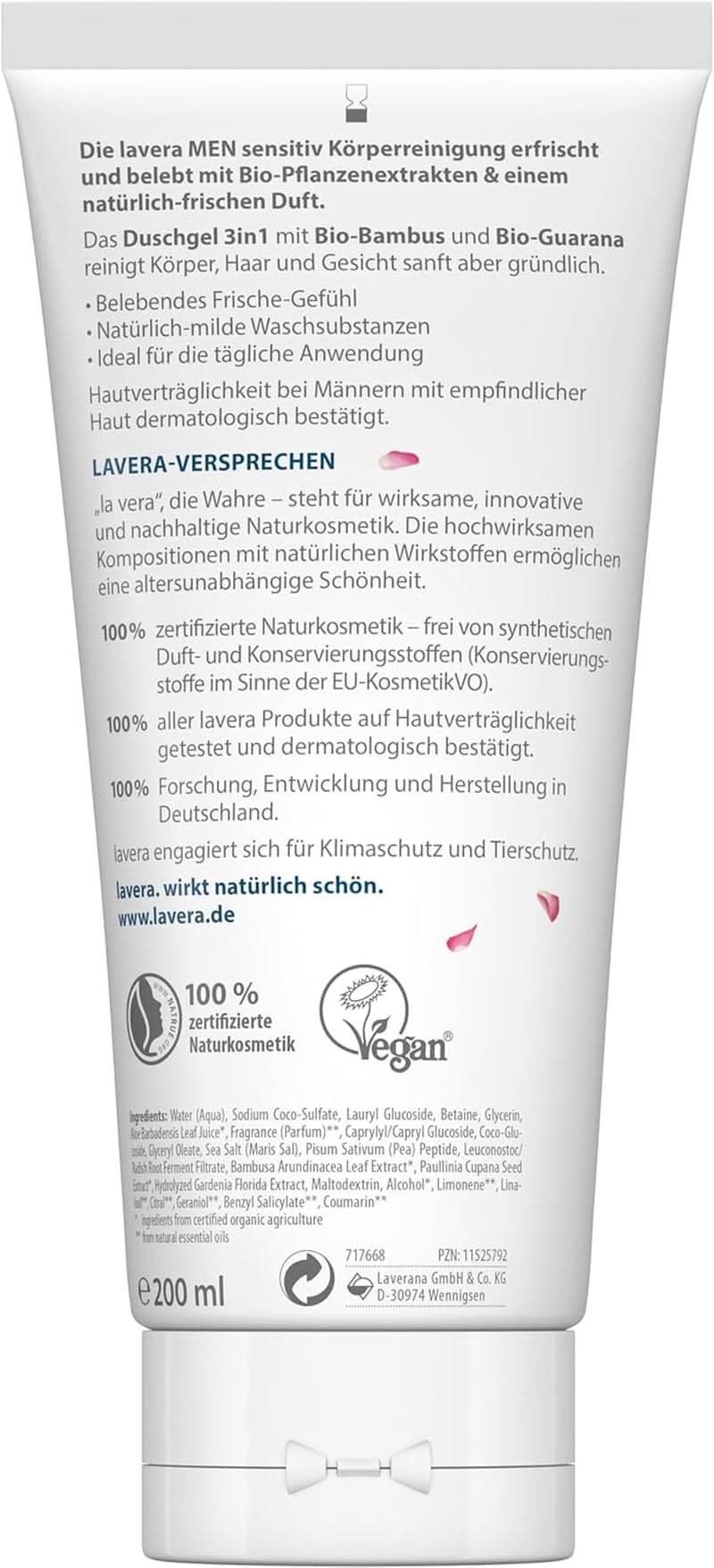 Lavera, Duschgel med ekologisk bambu och guarana, 3 i 1, för hud, hår och ansikte, 200 ml dusch och bad Naty Shop