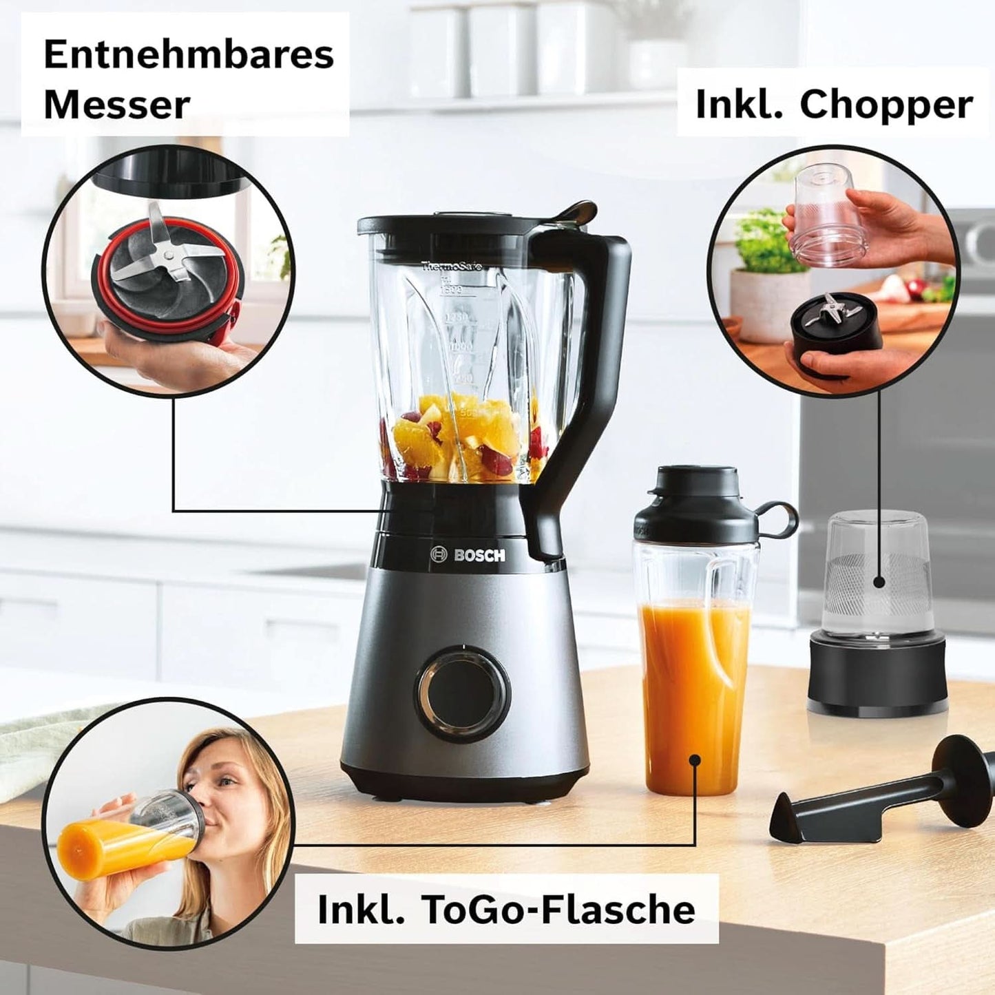 Bosch Standmixer Vitapower Serie 4 MMB6177S, Edelstahl-Klingen Tillverkad i Tyskland, 1,5L Thermosafe Glasbehälter, 0,6L To-Go-Flasche, Stopfer, Universalzerkleinerer, 30 000 U/Min, 1200 W, Silver Kitchen Naty Shop