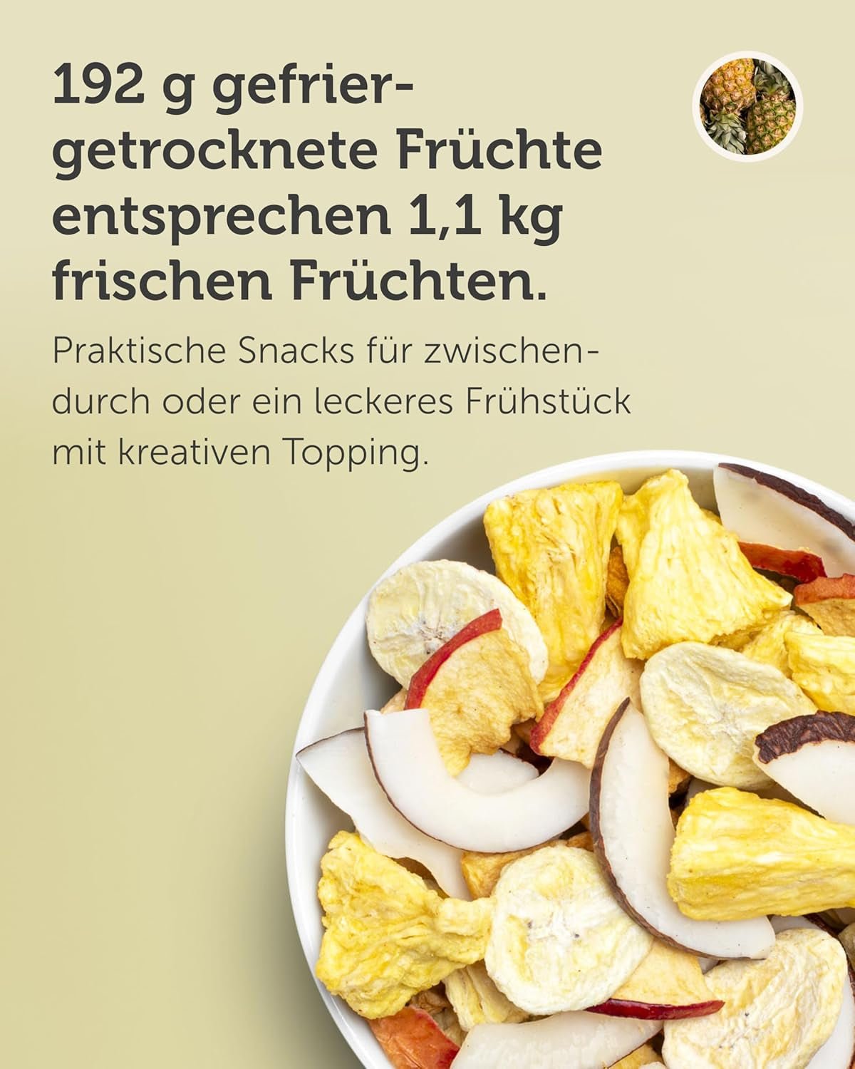 Frystorkad fruktmix BUAH® | Frystorkade ananas, bananer, äpplen och kokosnötter utan tillsatt socker | 100 % frukt | Vegansk, glutenfri, laktosfri (192g) Naty Shop torkade produkter