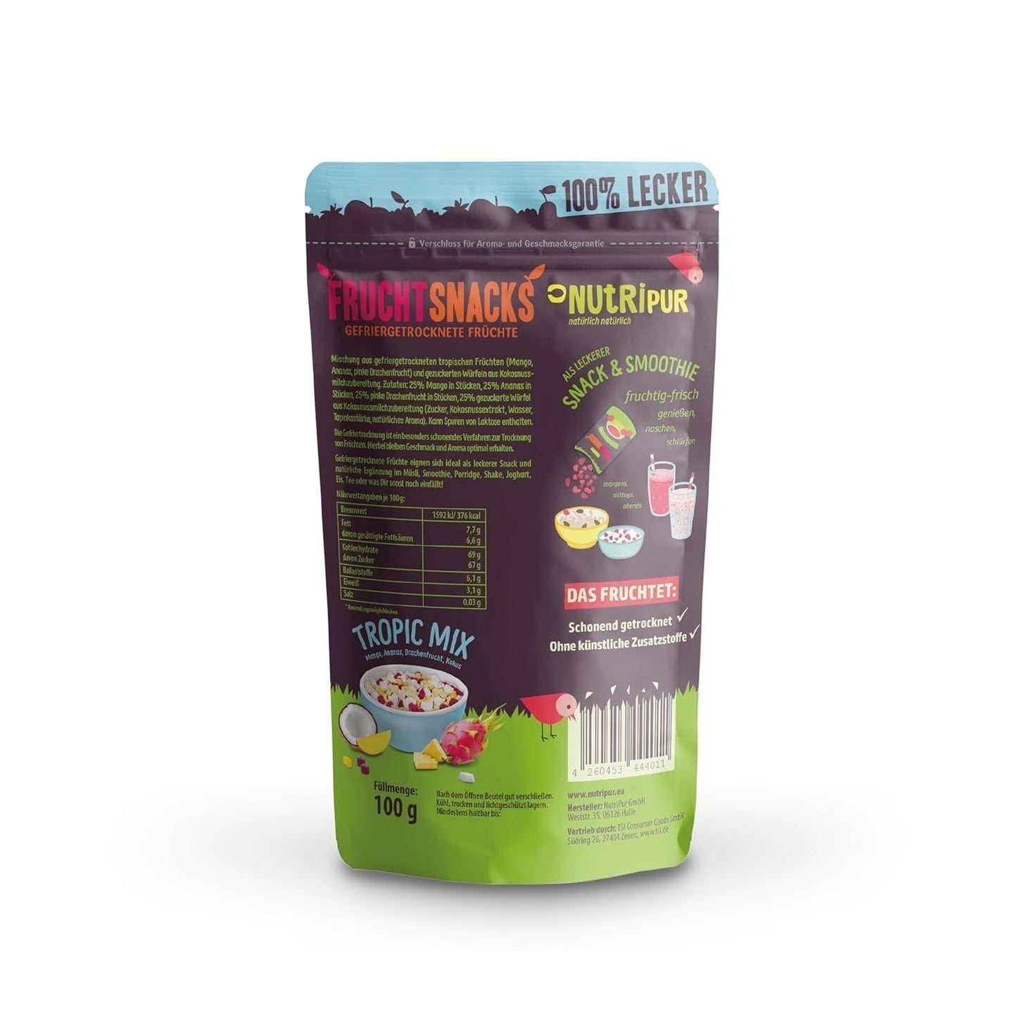 Blandning av frystorkade frukter "Tropic-Mix" 100g I Skogsfrukter och torkade frukter I Blandning av kokos, drakfrukt, mango och ananas I NutriPur Dehydrerade produkter Naty Shop