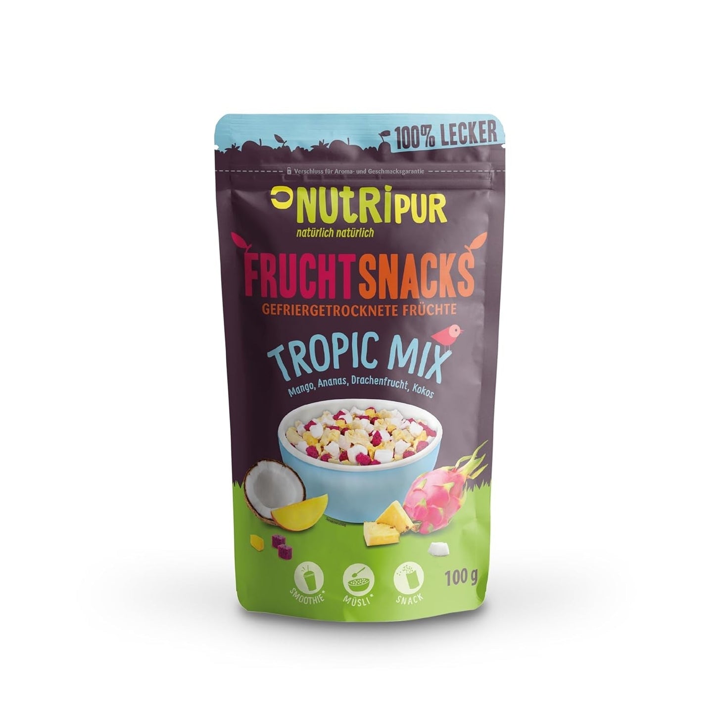 Blandning av frystorkade frukter "Tropic-Mix" 100g I Skogsfrukter och torkade frukter I Blandning av kokos, drakfrukt, mango och ananas I NutriPur Dehydrerade produkter Naty Shop Standardtitel
