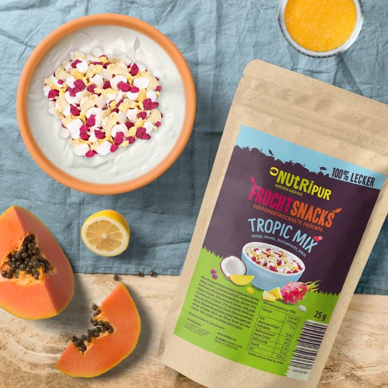 Blandning av frystorkade frukter "Tropic-Mix" 100g I Skogsfrukter och torkade frukter I Blandning av kokos, drakfrukt, mango och ananas I NutriPur Dehydrerade produkter Naty Shop