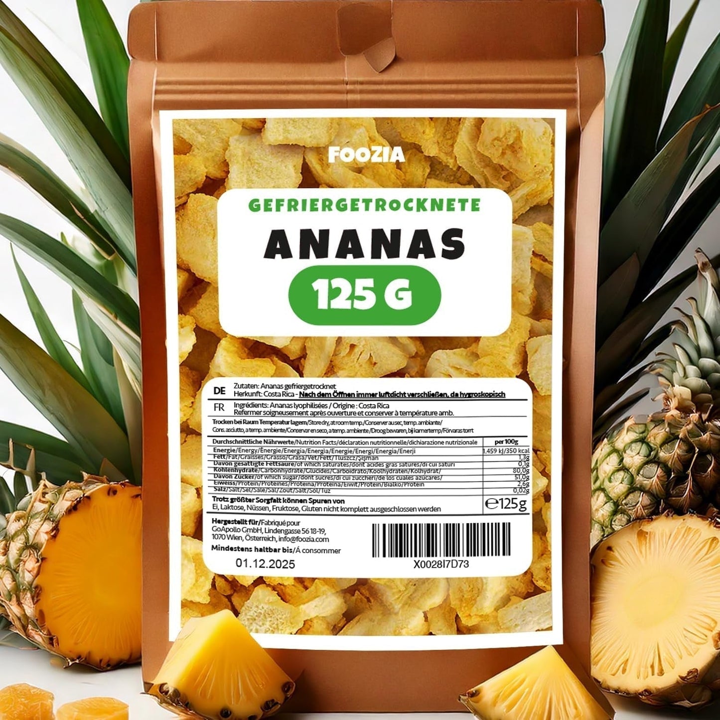 Frystorkad ananas 125g stora bitar, Frystorkad frukt utan tillsatser 100% ren - Naturlig torkad frukt - Torkad ananas, torkad frukt från Foozia Dehydrerade produkter Naty Shop 125G