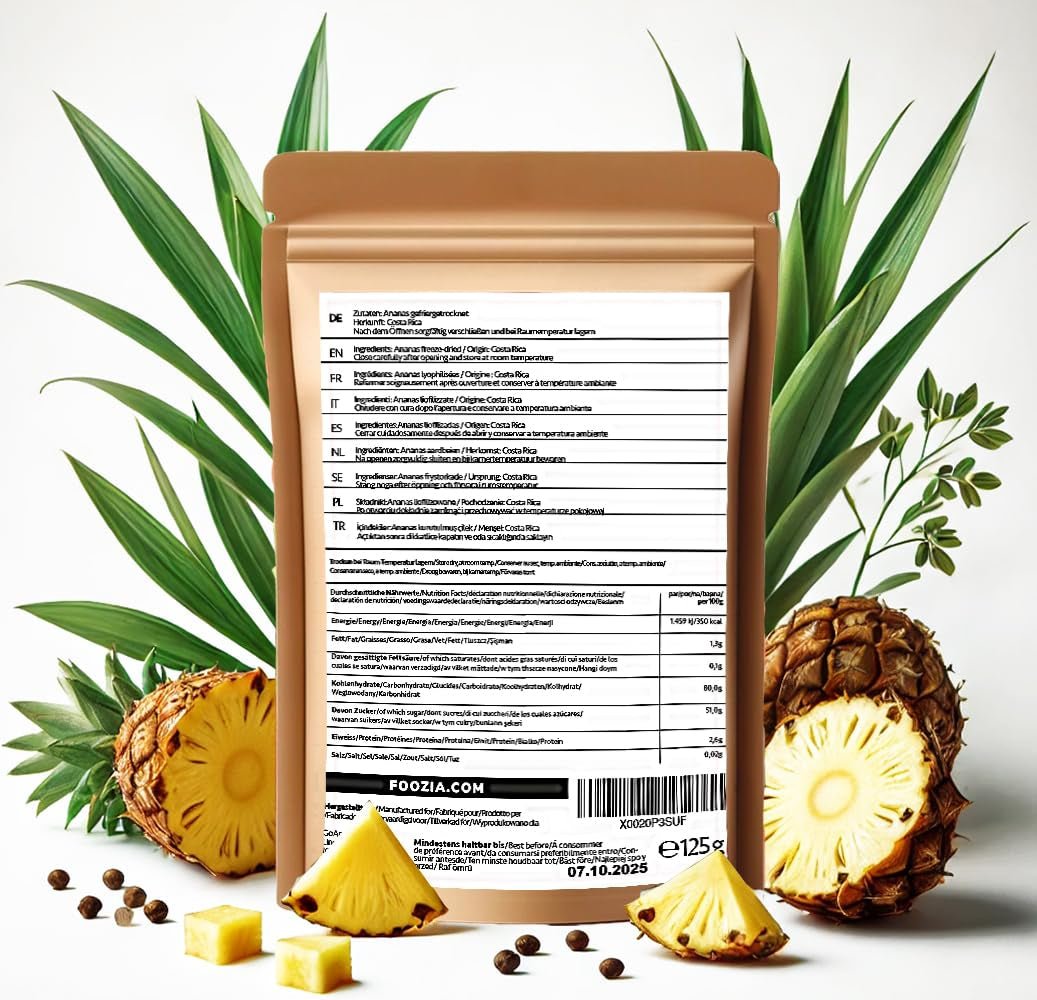Frystorkad ananas 125g stora bitar, Frystorkad frukt utan tillsatser 100% ren - Naturlig torkad frukt - Torkad ananas, torkad frukt från Foozia Dehydrerade produkter Naty Shop