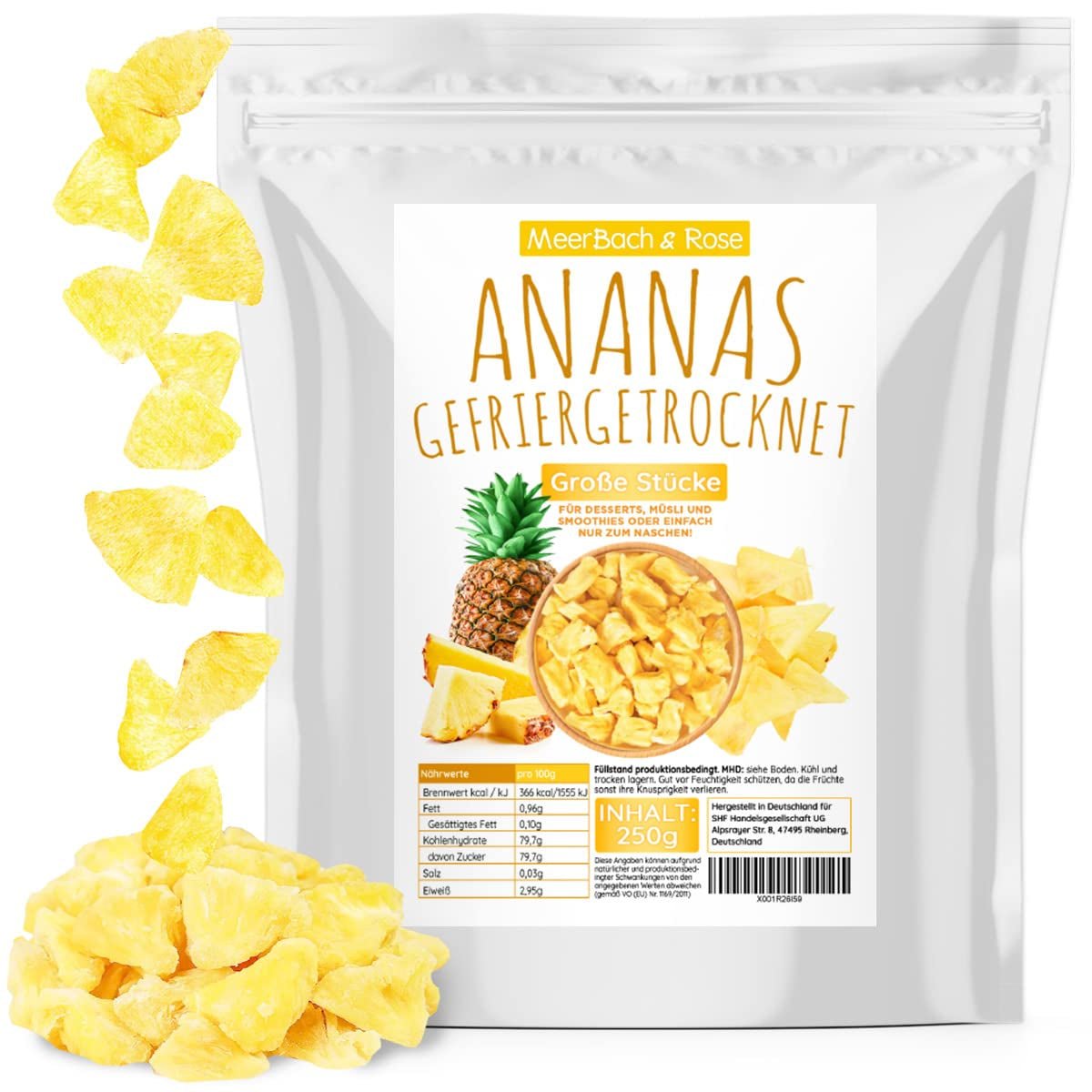 Frystorkad ananas 250g, stora bitar, frystorkad frukt i skivor, osötad, fruktiga ananasbitar, torkad ananas Dehydrerade produkter Naty Shop Standardtitel