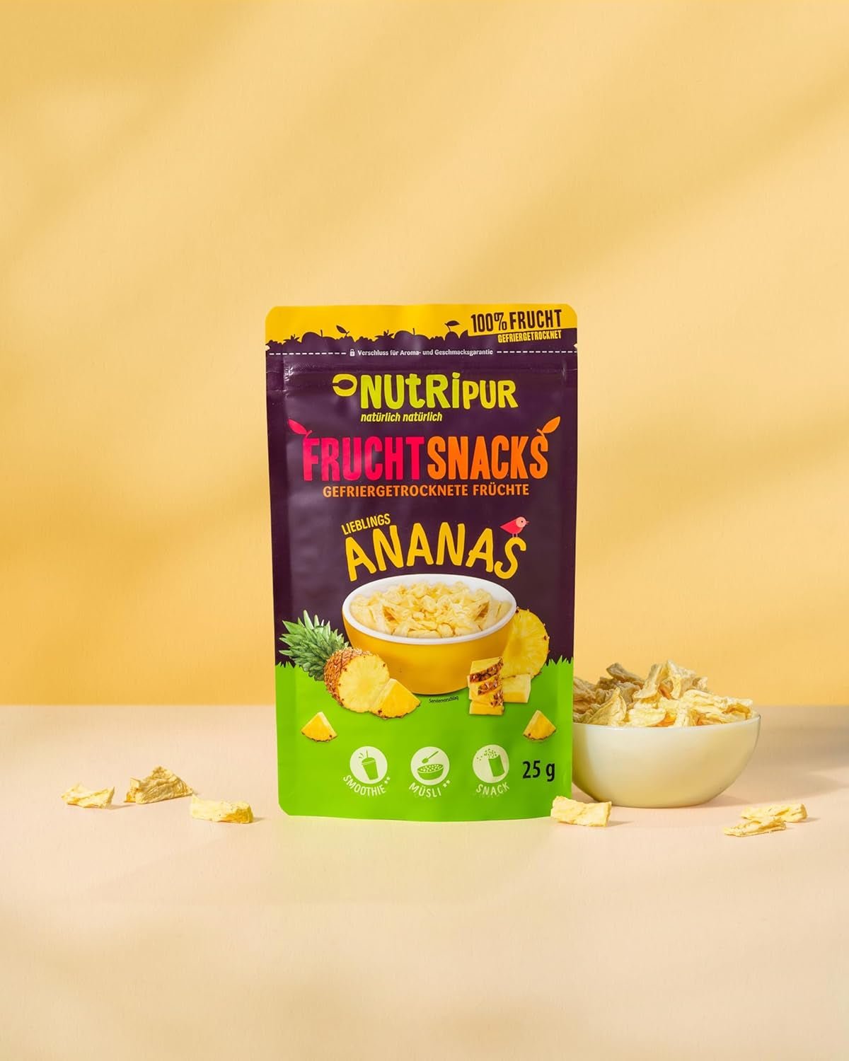 Frystorkad ananas BITS 100g stora bitar till smoothie bowls, müsli, gröt topping - frystorkad frukt utan tillsatt socker - torkad ananas - frukt från NutriPur Dehydrerade produkter Naty Shop