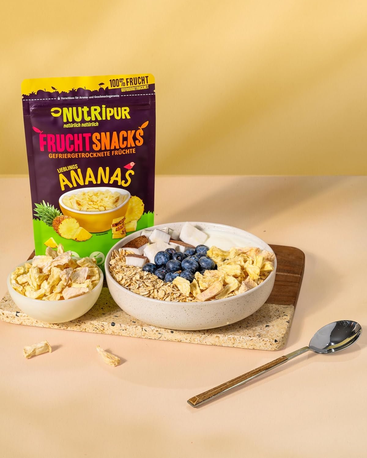 Frystorkad ananas BITS 100g stora bitar till smoothie bowls, müsli, gröt topping - frystorkad frukt utan tillsatt socker - torkad ananas - frukt från NutriPur Dehydrerade produkter Naty Shop