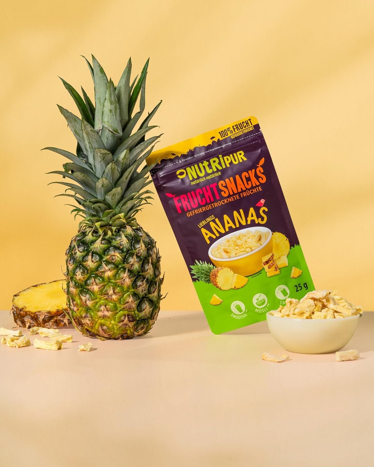 Frystorkad ananas BITS 100g stora bitar till smoothie bowls, müsli, gröt topping - frystorkad frukt utan tillsatt socker - torkad ananas - frukt från NutriPur Dehydrerade produkter Naty Shop